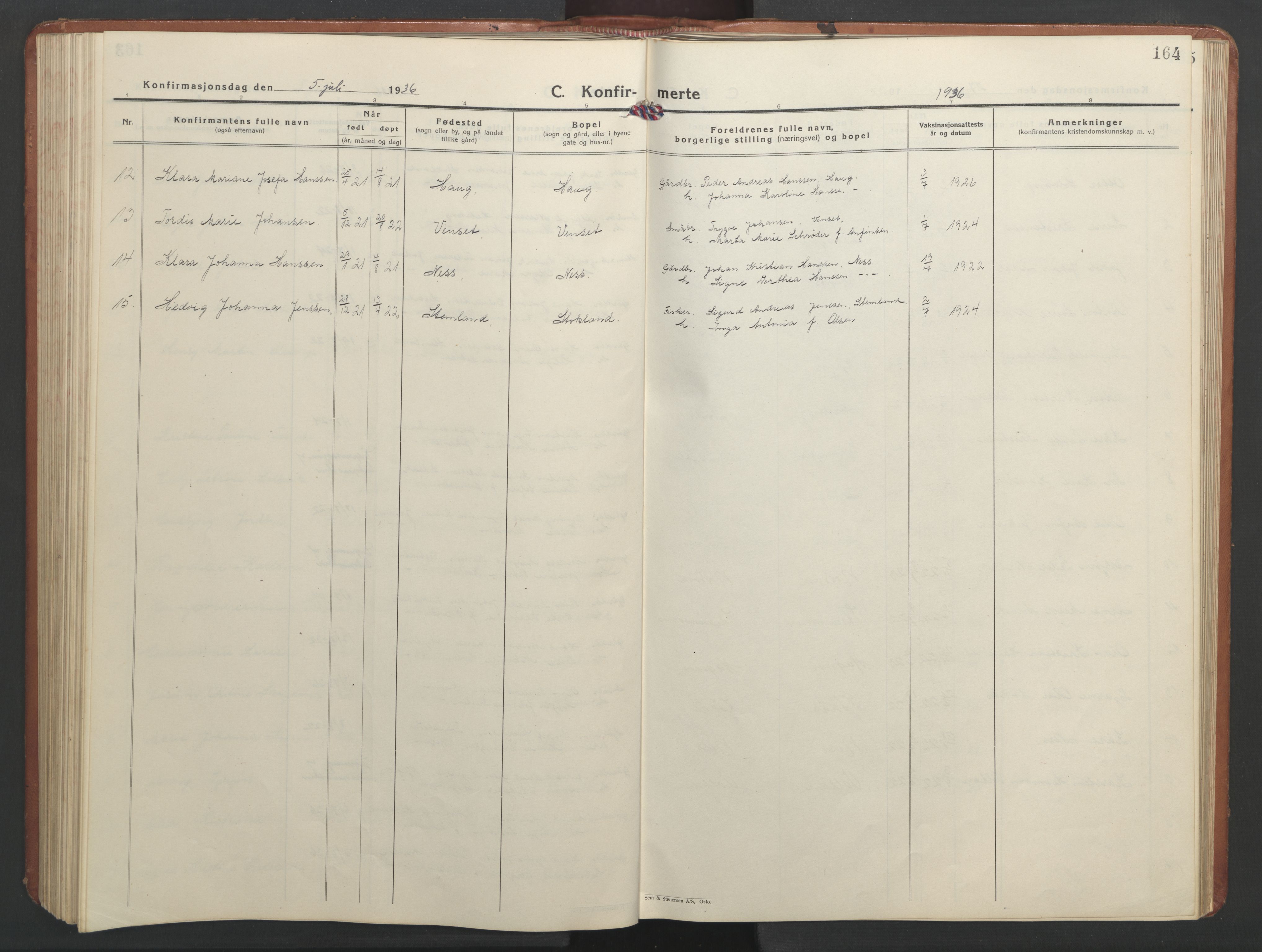 Ministerialprotokoller, klokkerbøker og fødselsregistre - Nordland, AV/SAT-A-1459/851/L0727: Parish register (copy) no. 851C02, 1925-1948, p. 164