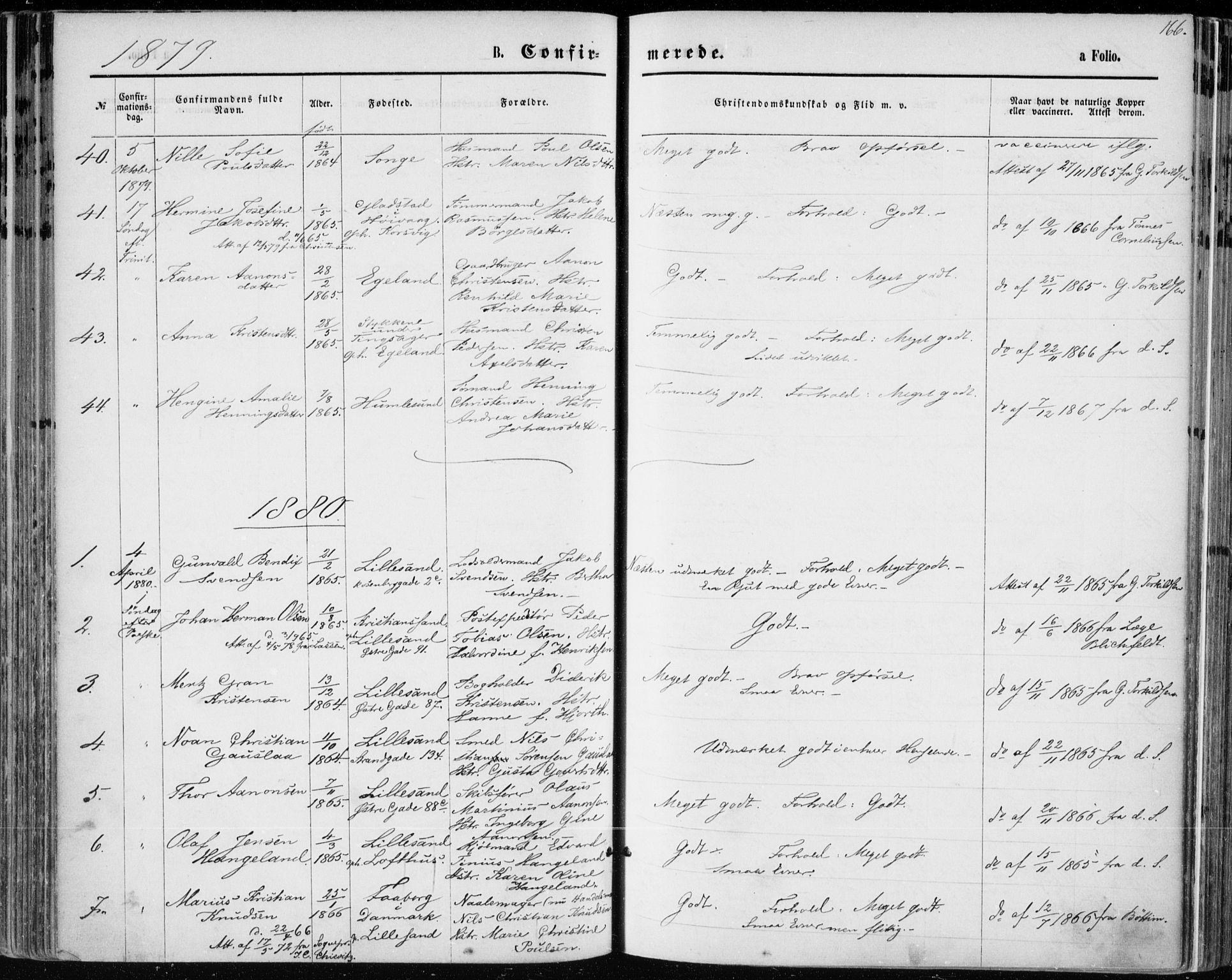 Vestre Moland sokneprestkontor, SAK/1111-0046/F/Fa/Fab/L0008: Parish register (official) no. A 8, 1873-1883, p. 166
