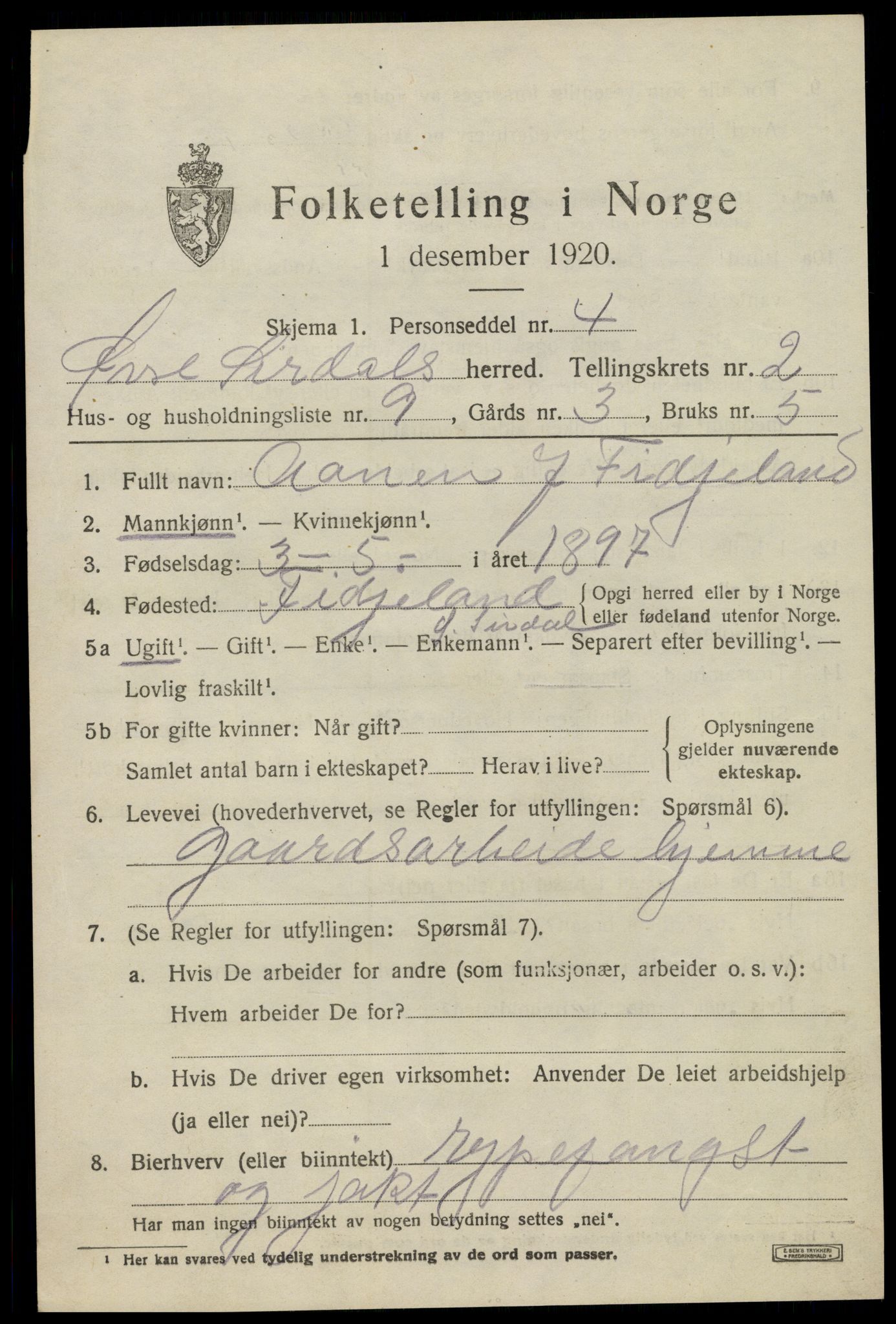 SAK, 1920 census for Øvre Sirdal, 1920, p. 527