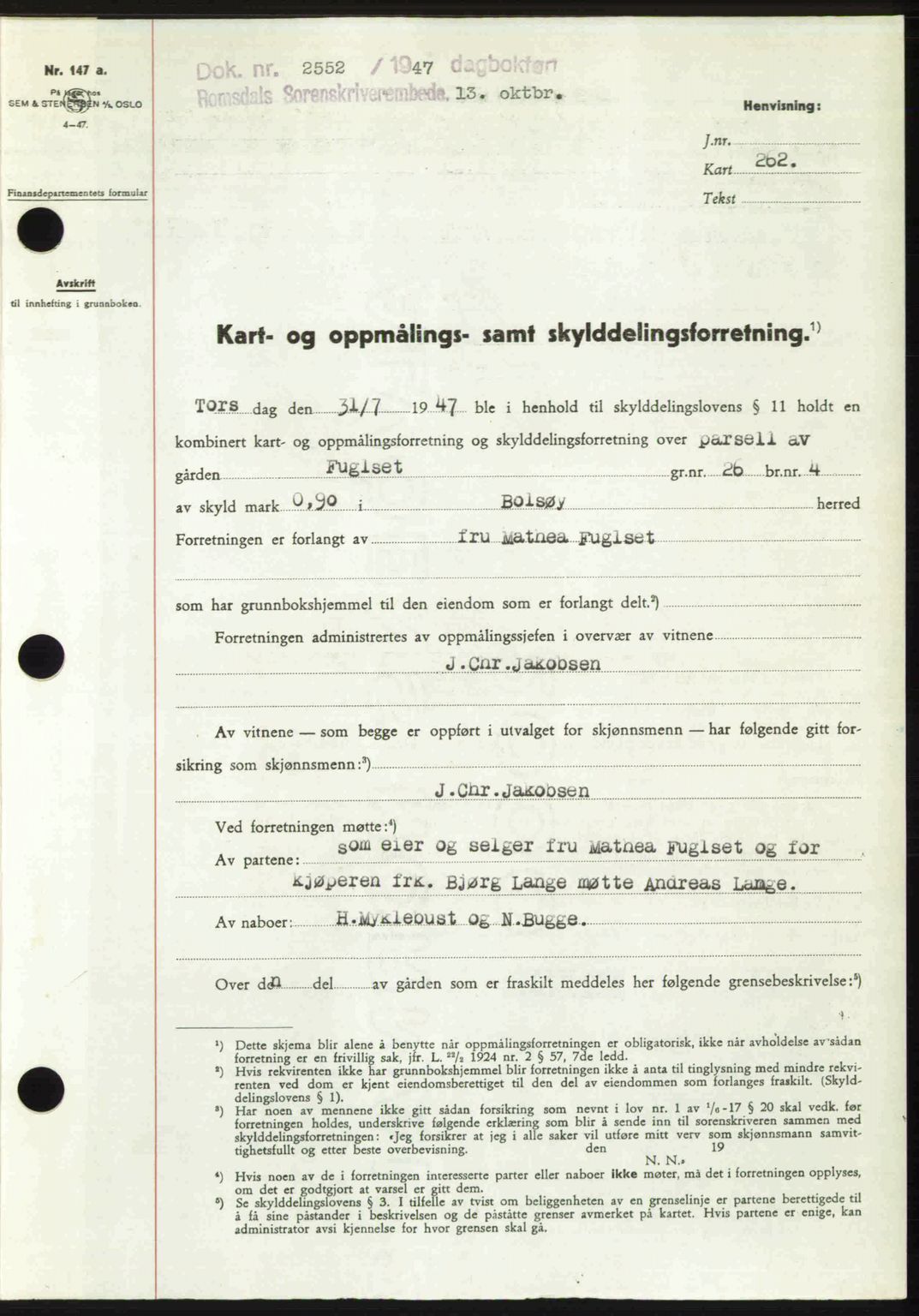 Romsdal sorenskriveri, SAT/A-4149/1/2/2C: Mortgage book no. A24, 1947-1947, Diary no: : 2552/1947