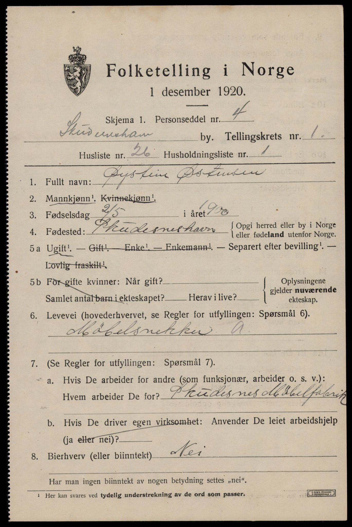 SAST, 1920 census for Skudeneshavn, 1920, p. 1384