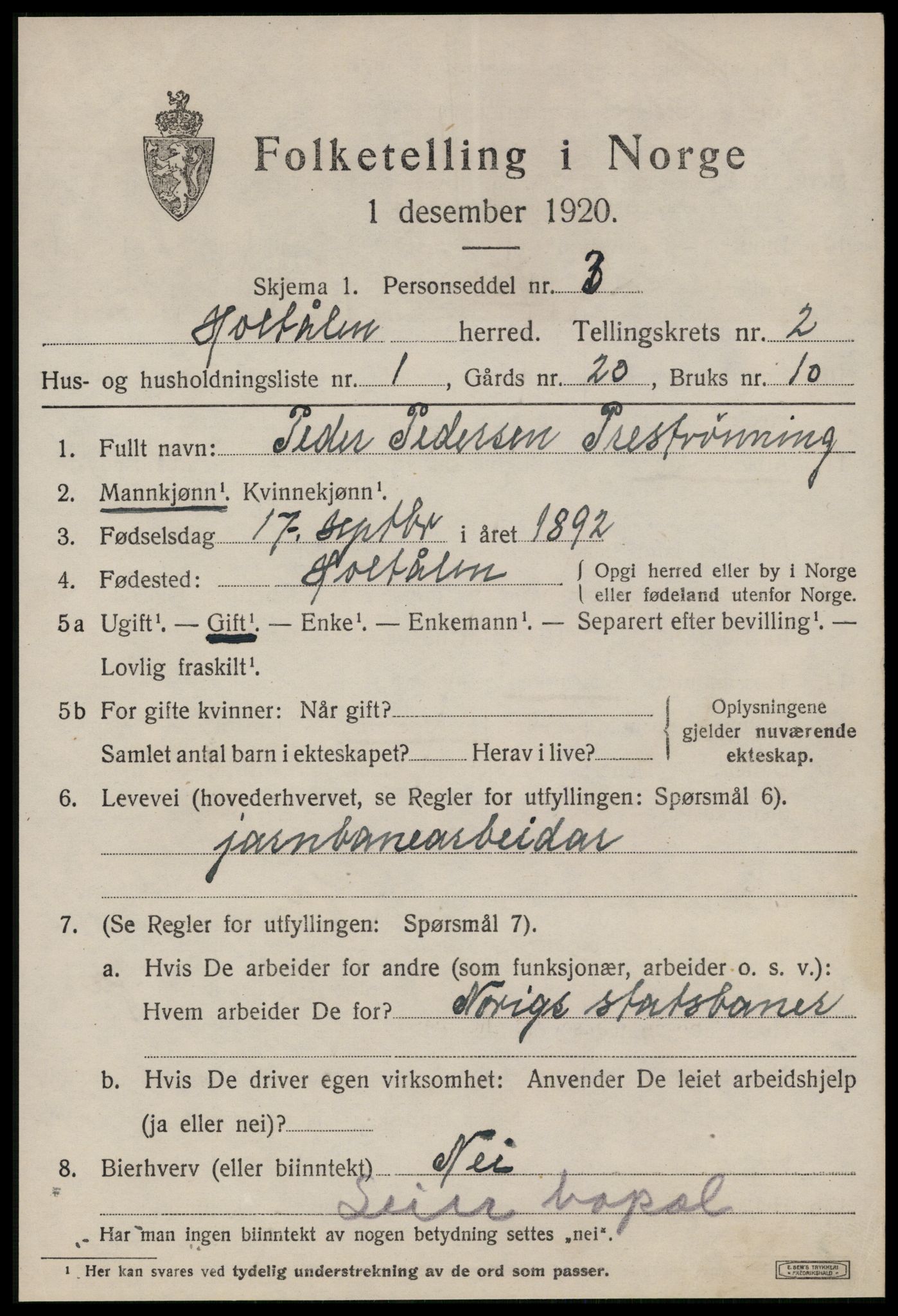 SAT, 1920 census for Haltdalen, 1920, p. 1018