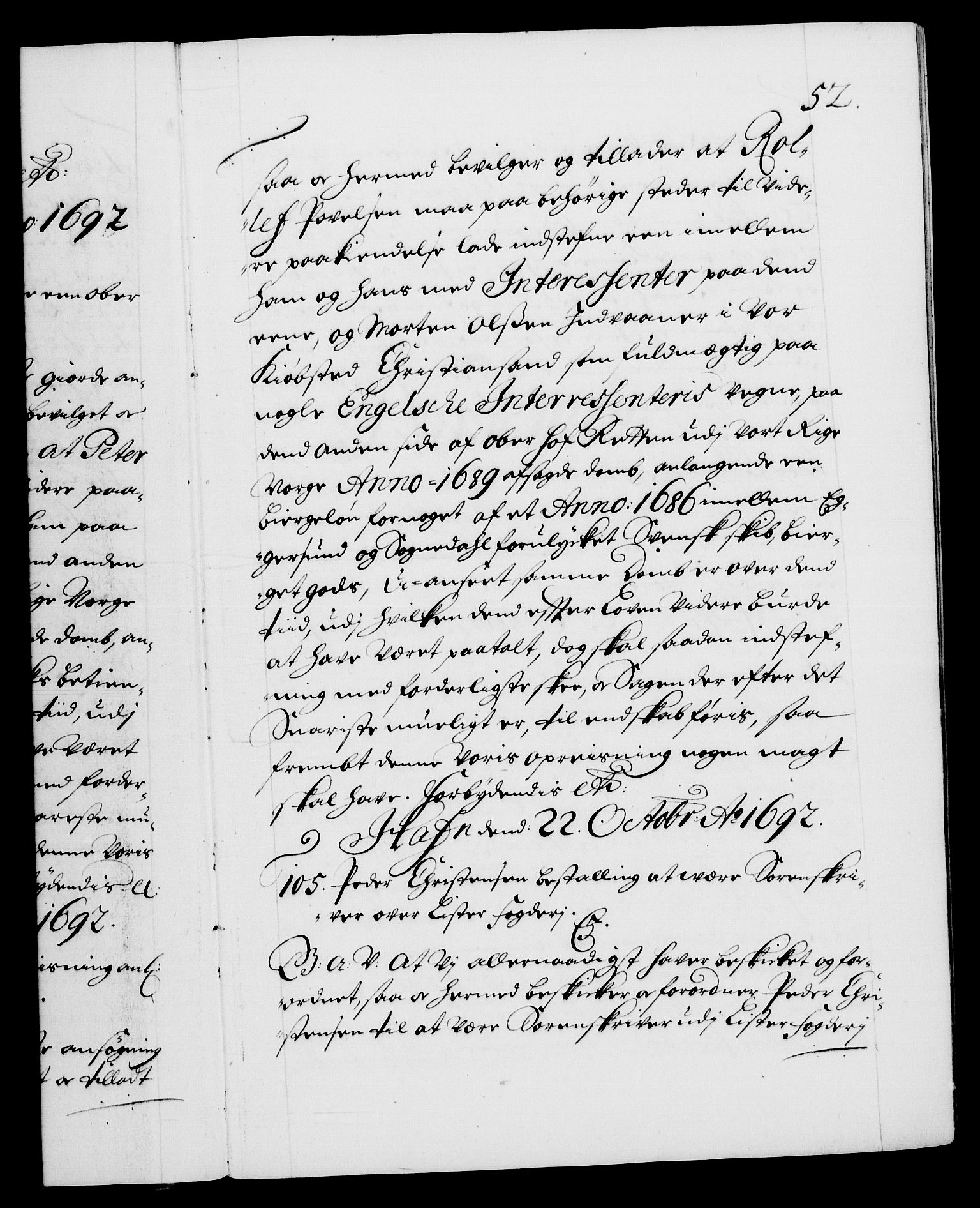 Danske Kanselli 1572-1799, RA/EA-3023/F/Fc/Fca/Fcaa/L0016: Norske registre (mikrofilm), 1692-1697, p. 52a