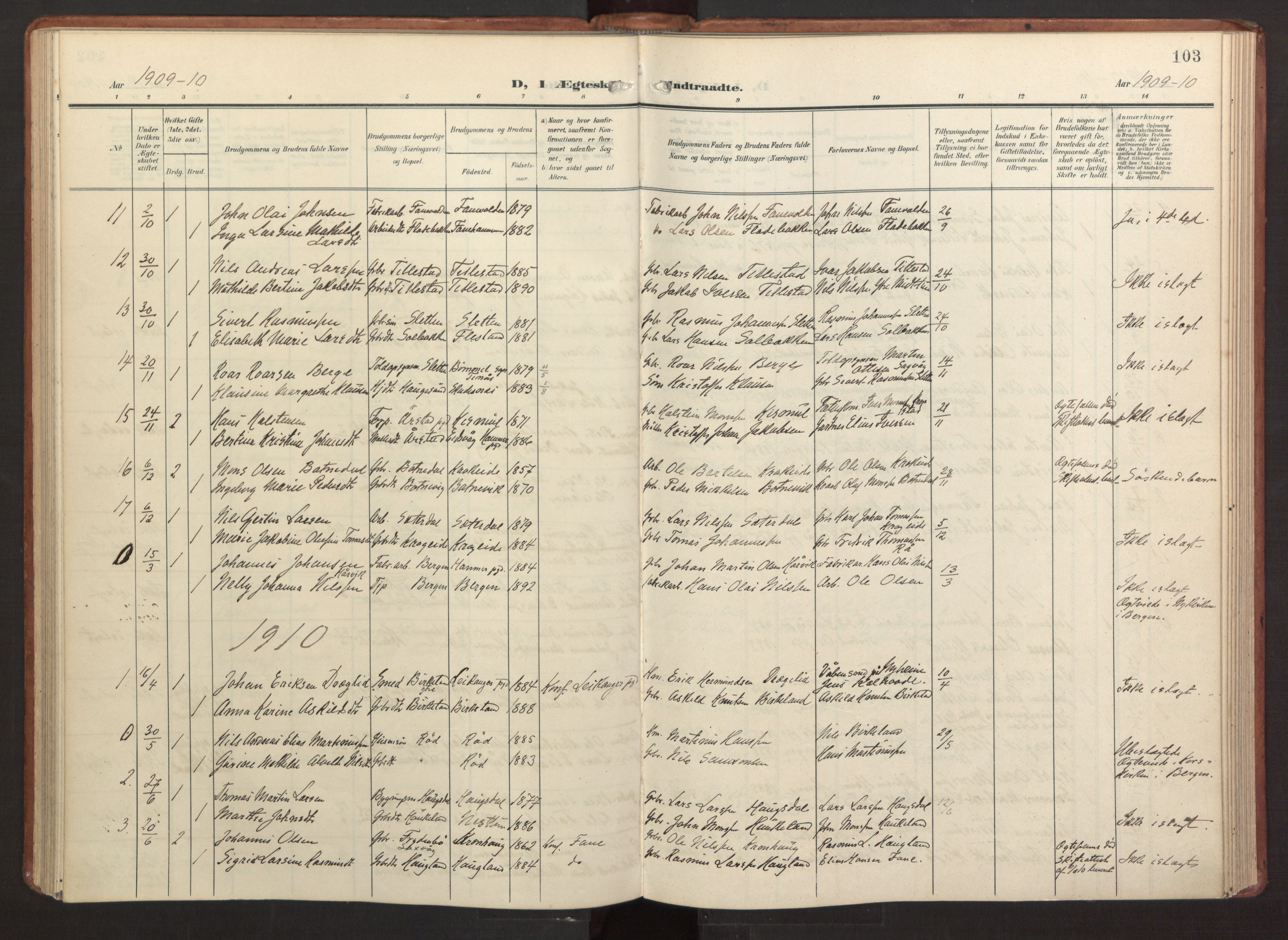 Fana Sokneprestembete, SAB/A-75101/H/Haa/Haab/L0004: Parish register (official) no. B 4, 1908-1915, p. 103