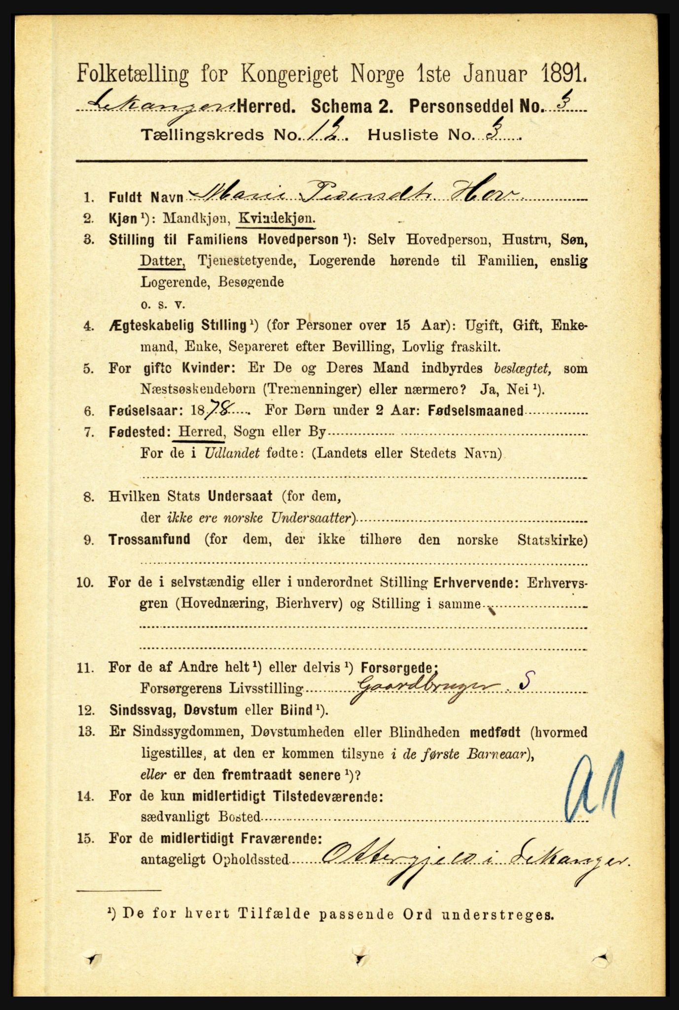 RA, 1891 census for 1419 Leikanger, 1891, p. 2353