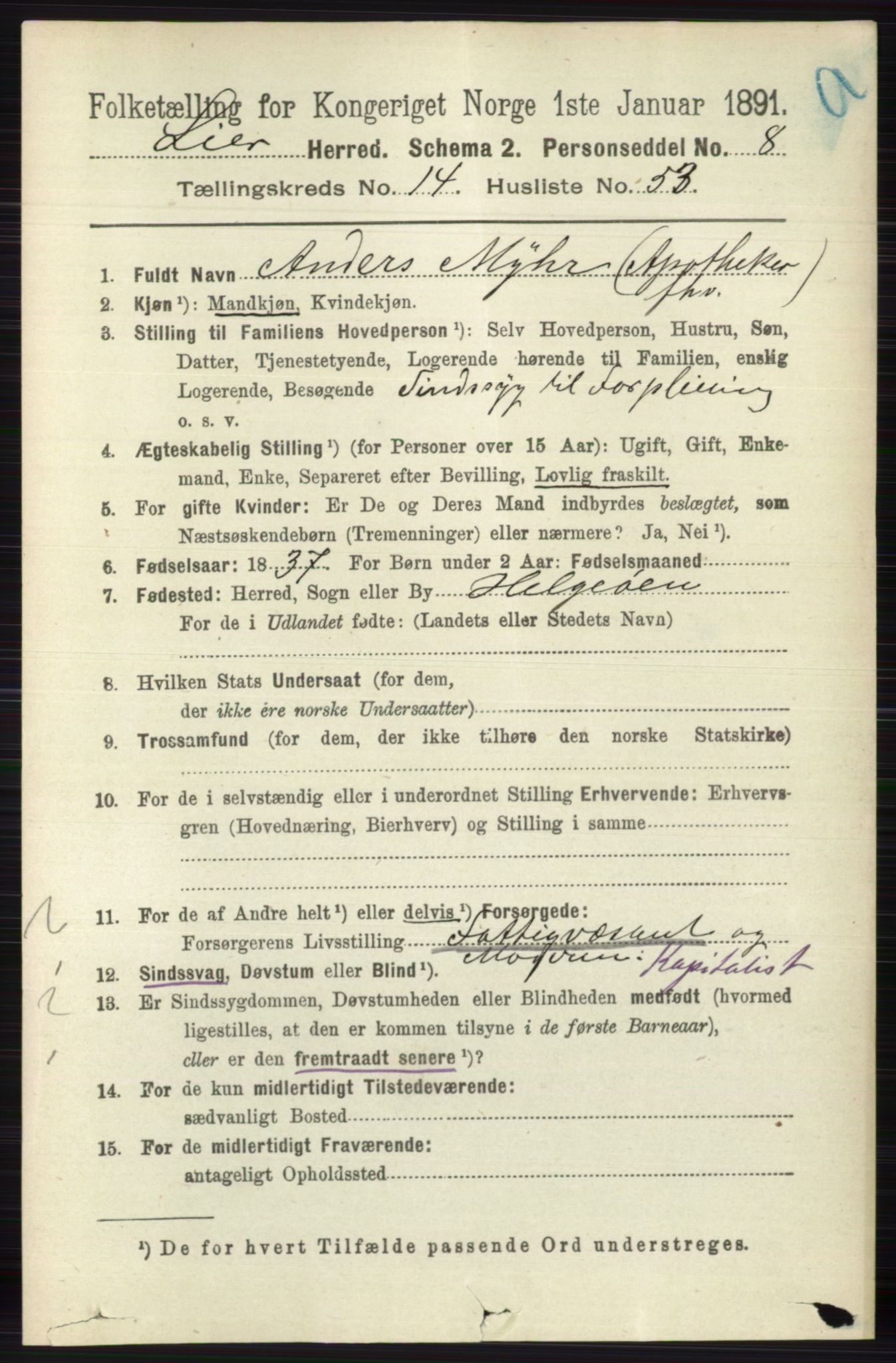 RA, 1891 census for 0626 Lier, 1891, p. 8616