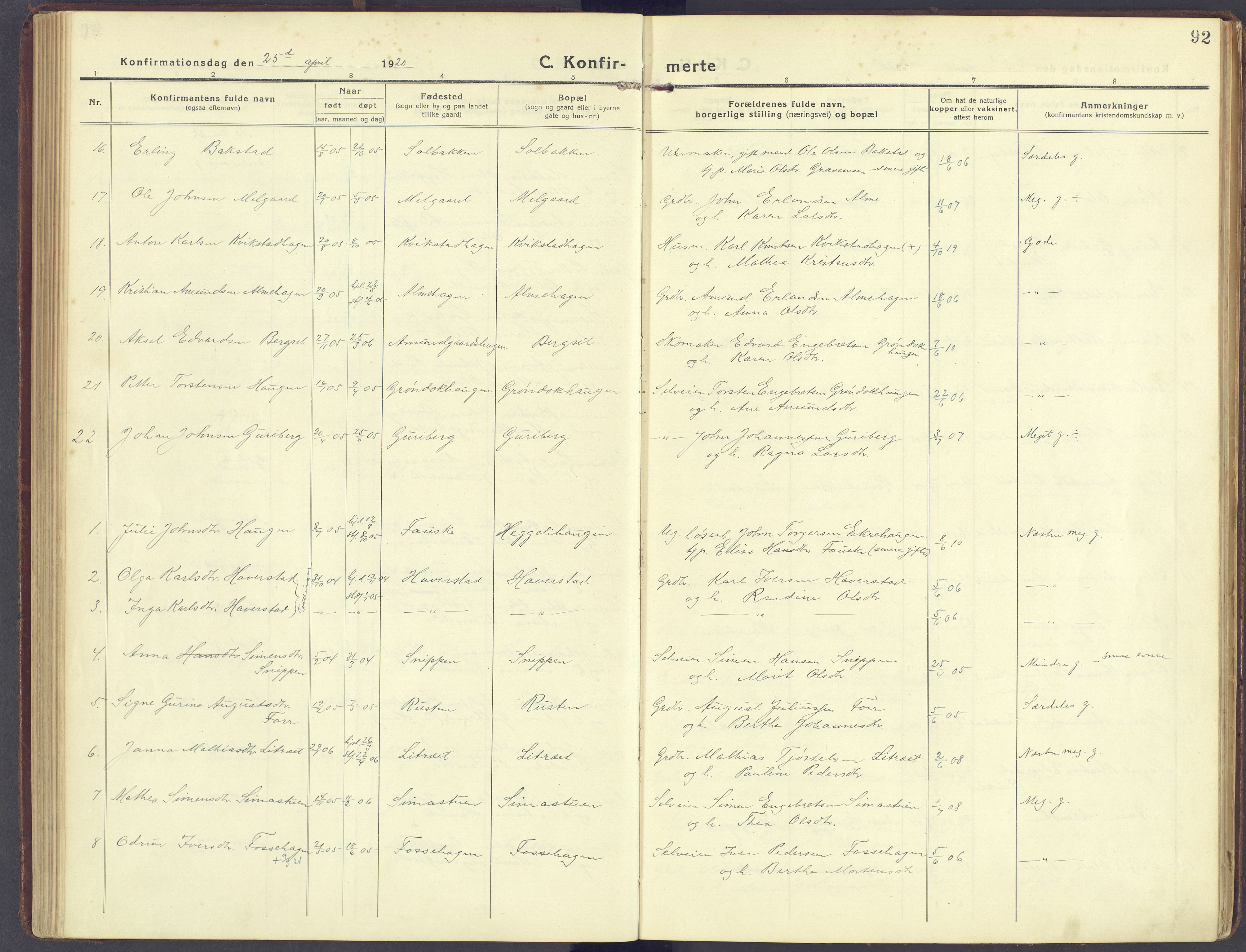 Sør-Fron prestekontor, AV/SAH-PREST-010/H/Ha/Haa/L0005: Parish register (official) no. 5, 1920-1933, p. 92