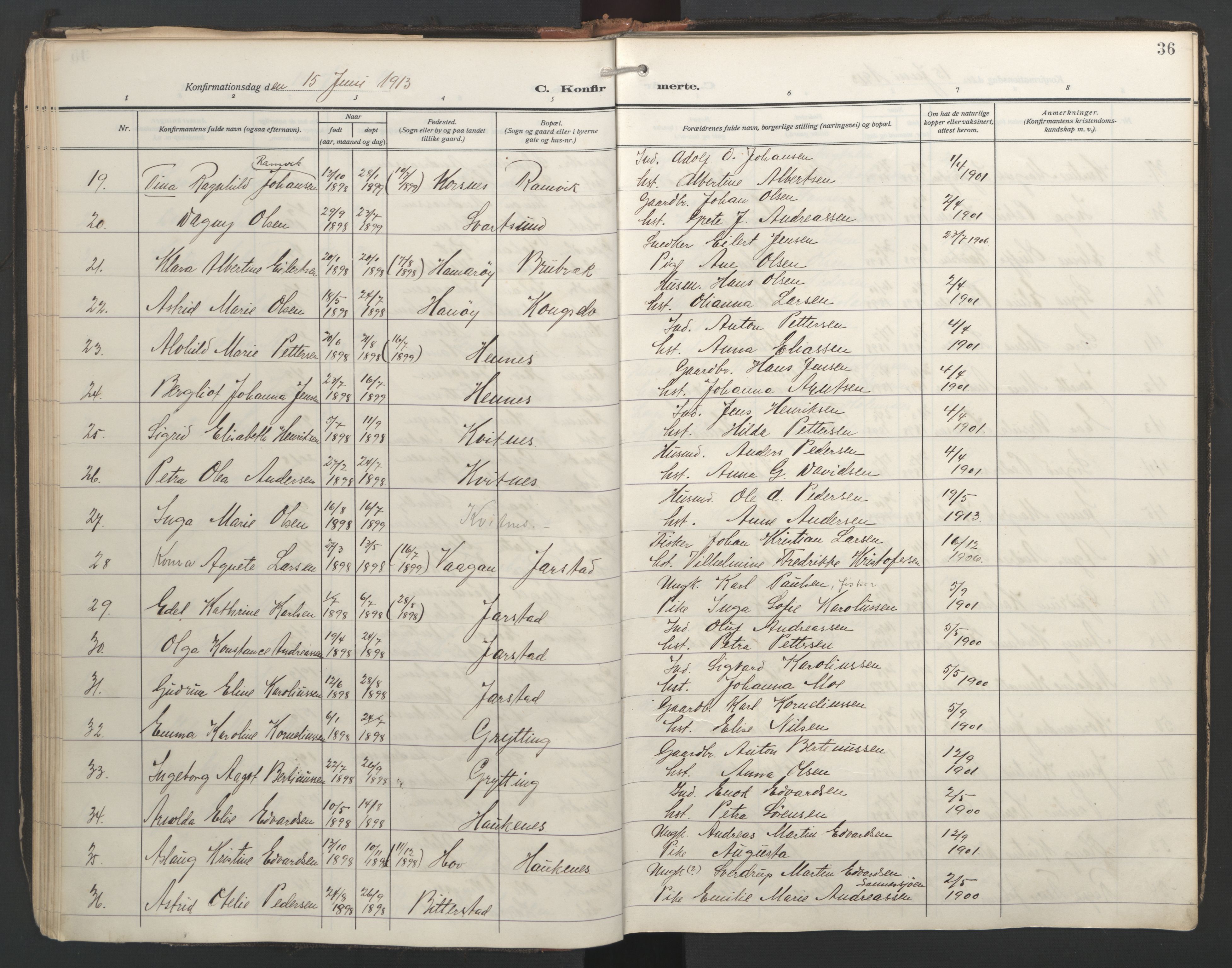 Ministerialprotokoller, klokkerbøker og fødselsregistre - Nordland, AV/SAT-A-1459/888/L1249: Parish register (official) no. 888A15, 1911-1929, p. 36