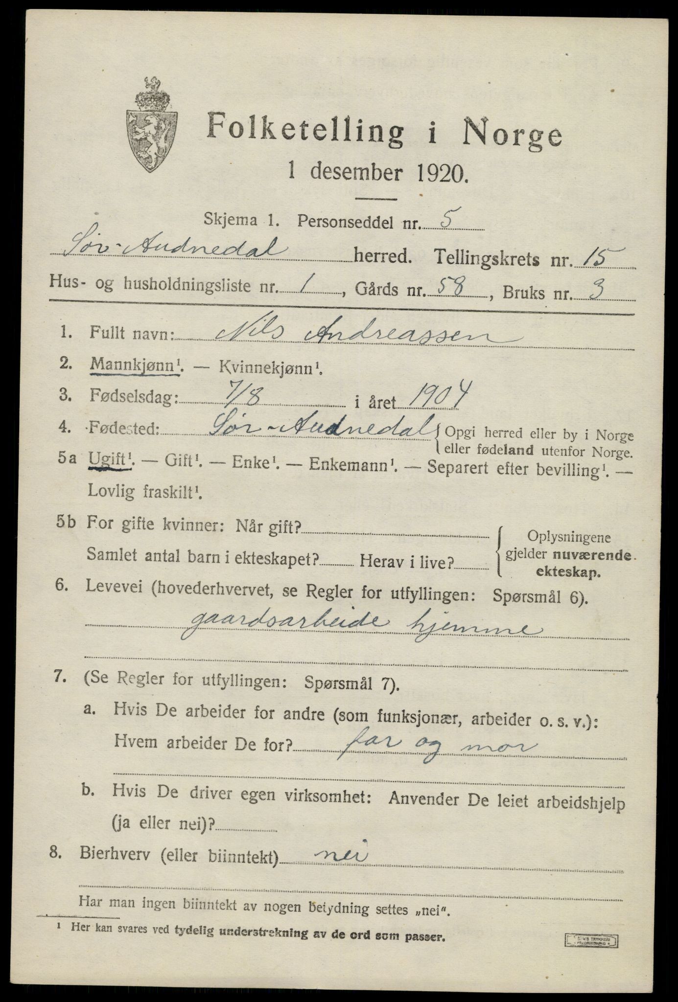 SAK, 1920 census for Sør-Audnedal, 1920, p. 5727