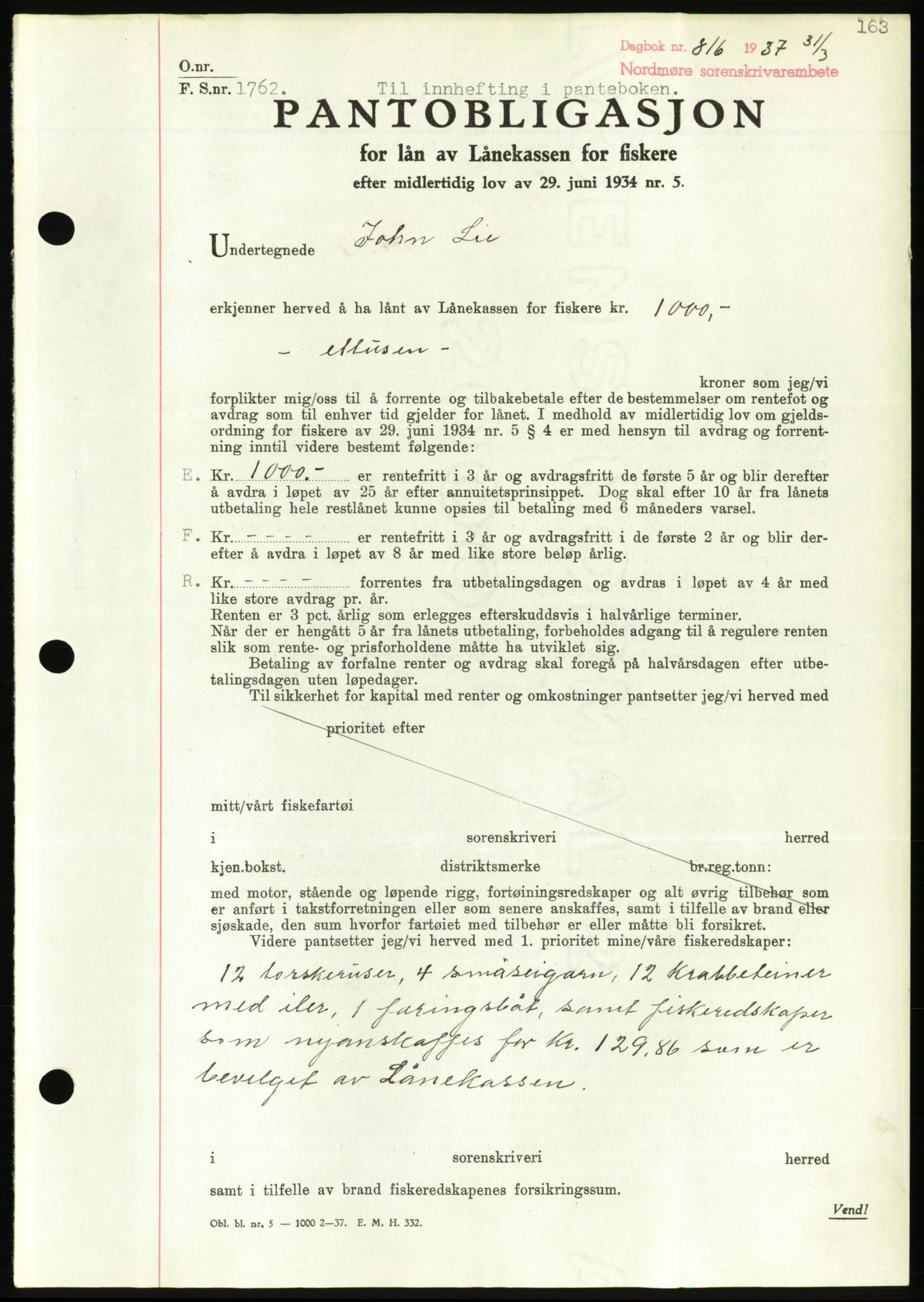 Nordmøre sorenskriveri, AV/SAT-A-4132/1/2/2Ca/L0091: Mortgage book no. B81, 1937-1937, Diary no: : 816/1937