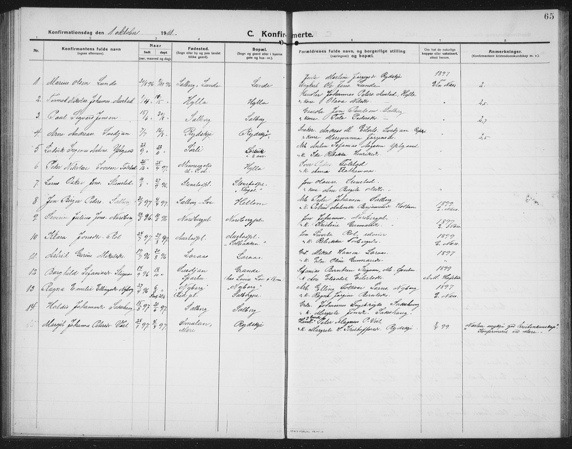 Ministerialprotokoller, klokkerbøker og fødselsregistre - Nord-Trøndelag, AV/SAT-A-1458/731/L0312: Parish register (copy) no. 731C03, 1911-1935, p. 65