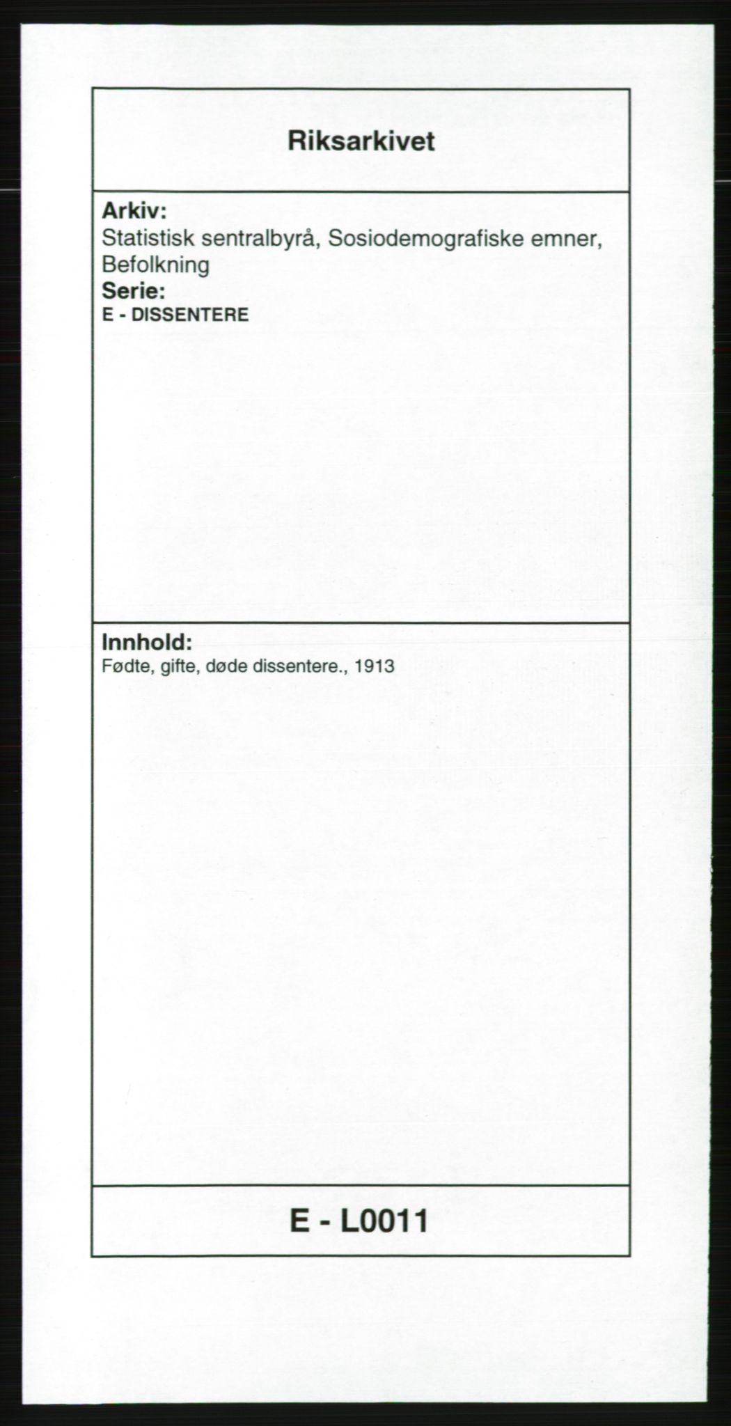 Statistisk sentralbyrå, Sosiodemografiske emner, Befolkning, AV/RA-S-2228/E/L0011: Fødte, gifte, døde dissentere., 1913, p. 1