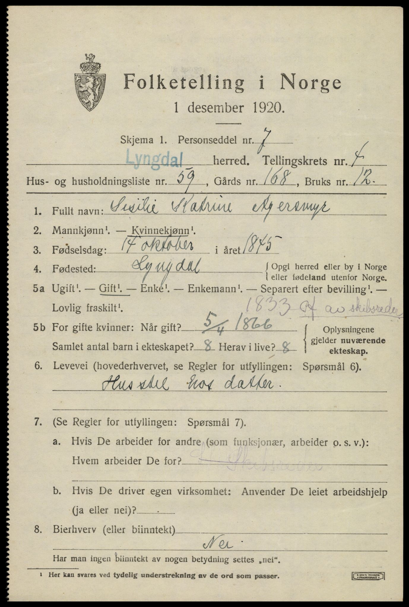 SAK, 1920 census for Lyngdal, 1920, p. 3001