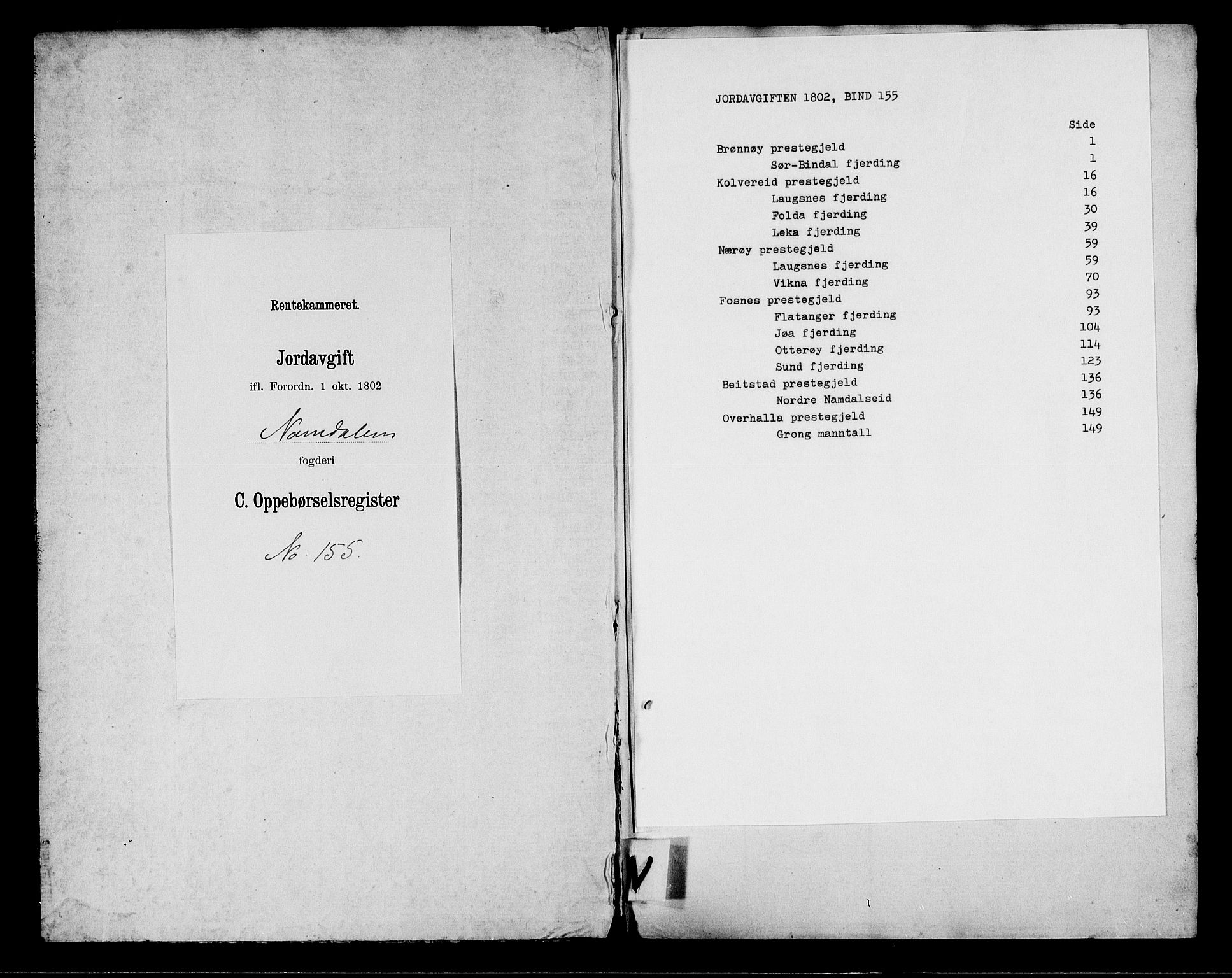Rentekammeret inntil 1814, Realistisk ordnet avdeling, RA/EA-4070/N/Ne/Nea/L0155: Namdalen fogderi. Oppebørselsregister, 1803-1804, p. 1
