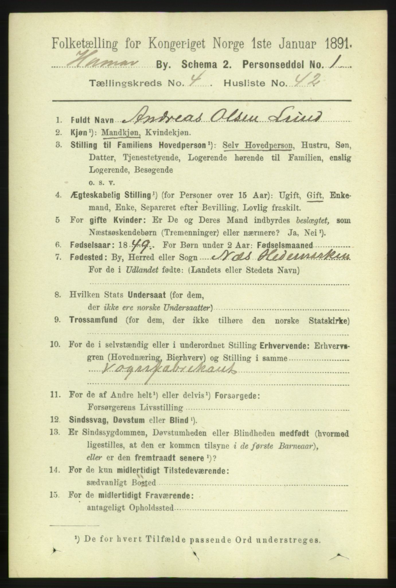 RA, 1891 census for 0401 Hamar, 1891, p. 3593