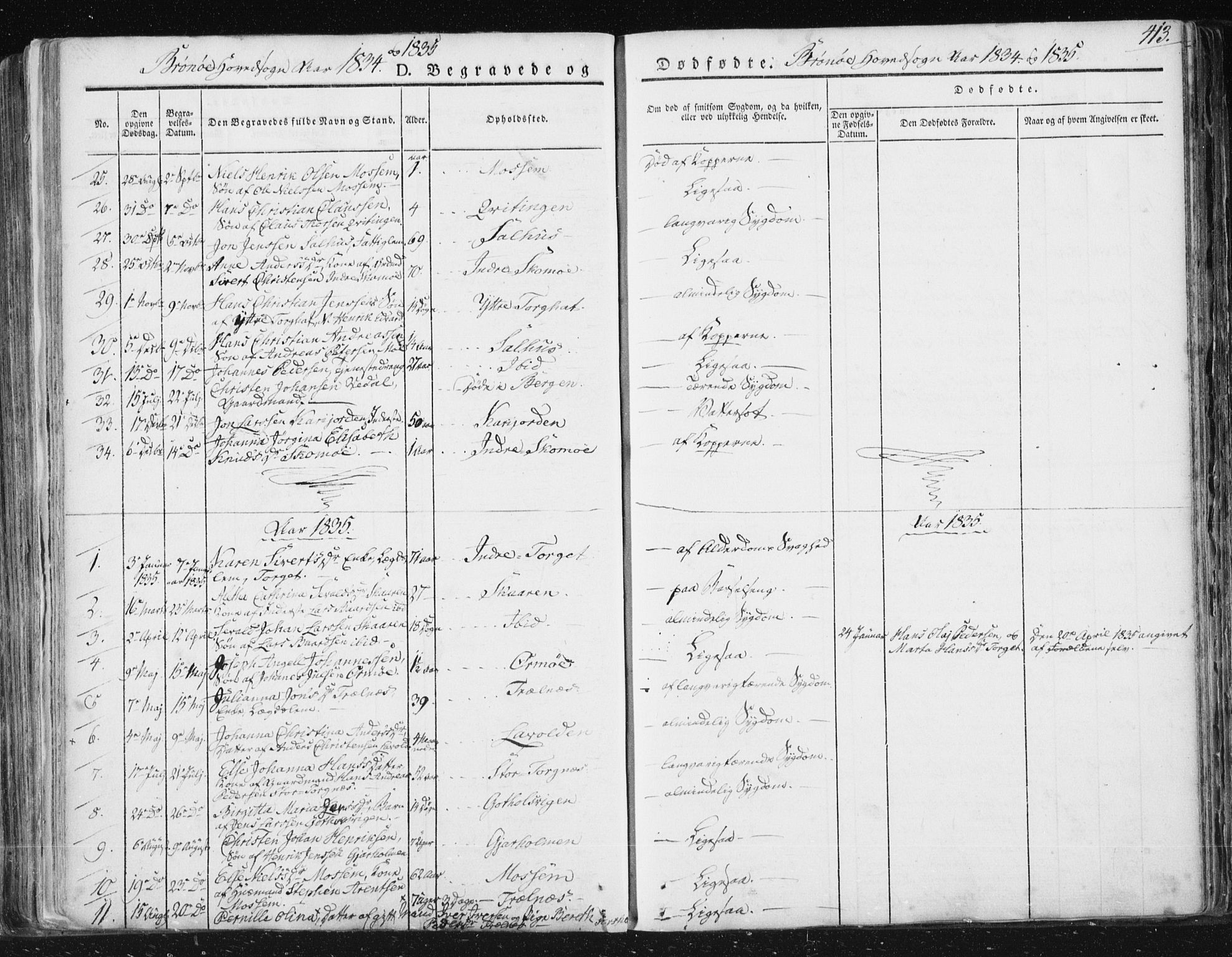 Ministerialprotokoller, klokkerbøker og fødselsregistre - Nordland, SAT/A-1459/813/L0198: Parish register (official) no. 813A08, 1834-1874, p. 413