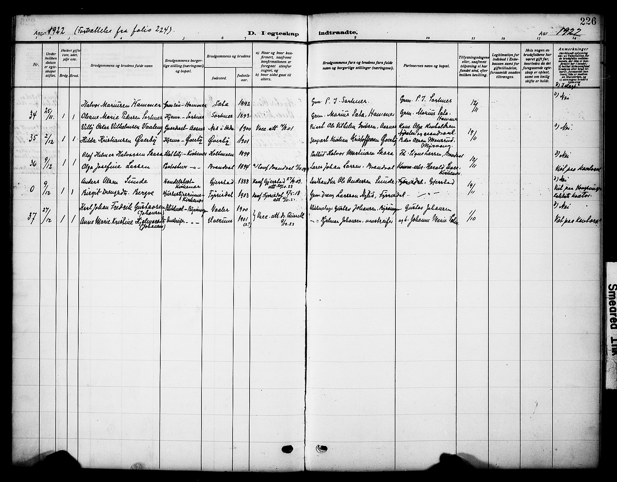 Grue prestekontor, SAH/PREST-036/H/Ha/Haa/L0015: Parish register (official) no. 15, 1911-1922, p. 226
