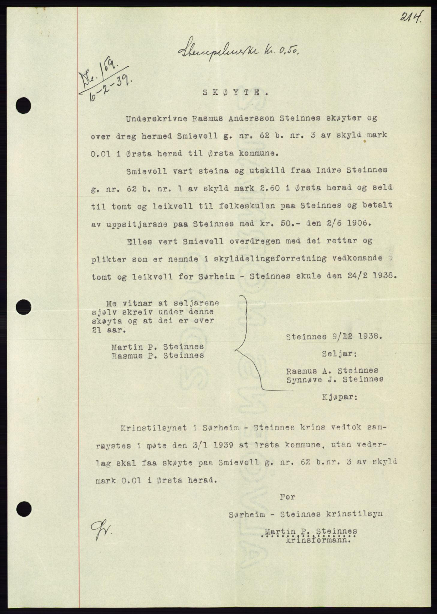 Søre Sunnmøre sorenskriveri, AV/SAT-A-4122/1/2/2C/L0067: Mortgage book no. 61, 1938-1939, Diary no: : 159/1939