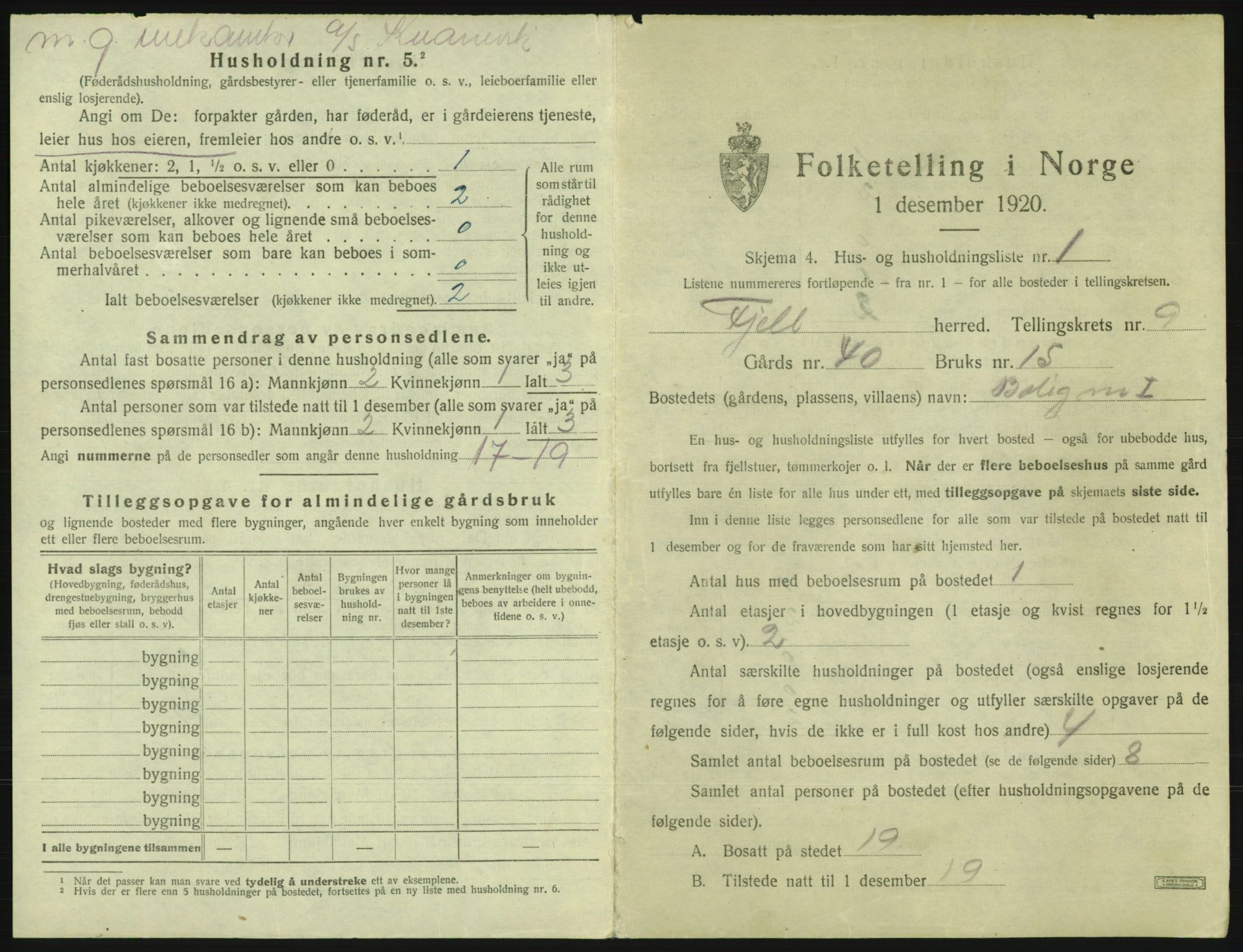 SAB, 1920 census for Fjell, 1920, p. 945