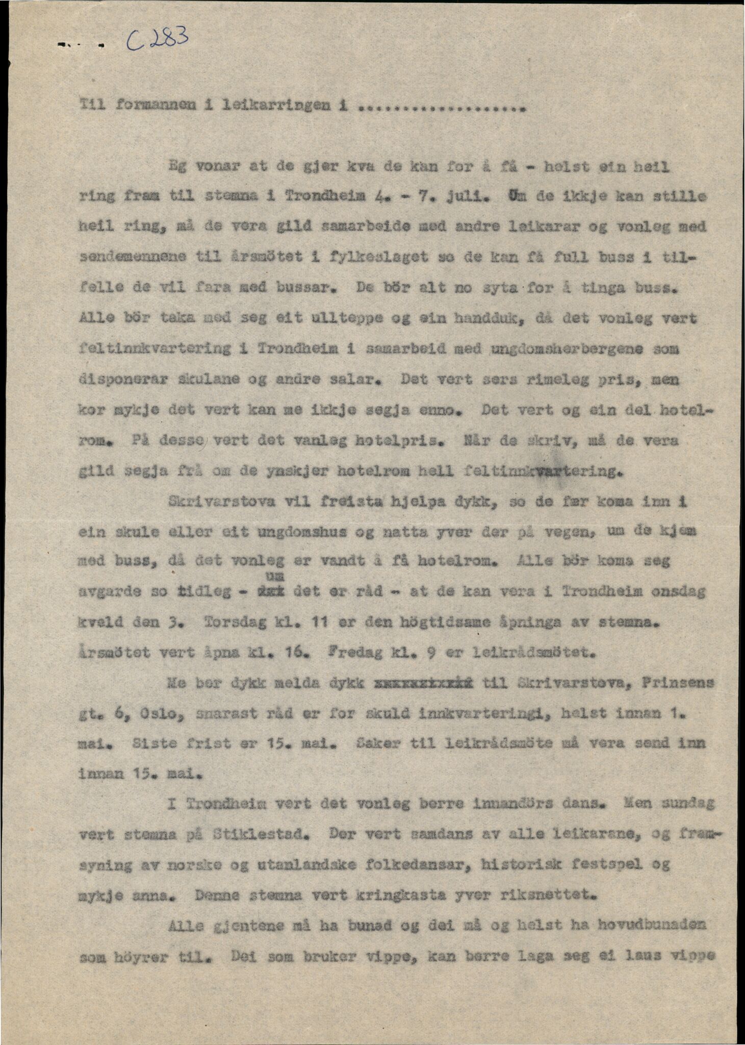 Samling etter Klara Semb, NSFF/KS/C/283: Rundskriv til leikarringane om stemna i NU, 1946