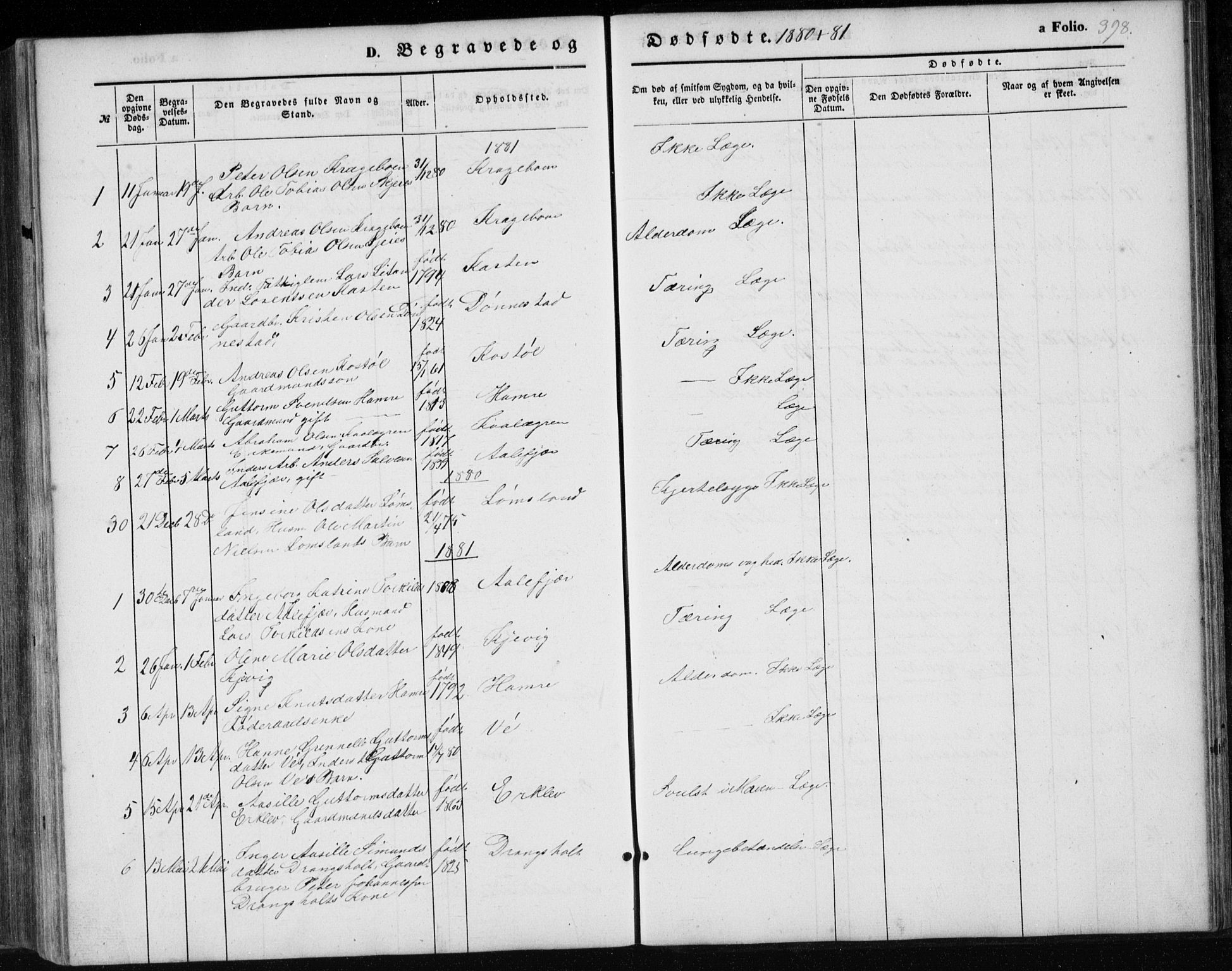 Tveit sokneprestkontor, AV/SAK-1111-0043/F/Fb/L0003: Parish register (copy) no. B 3, 1854-1886, p. 398