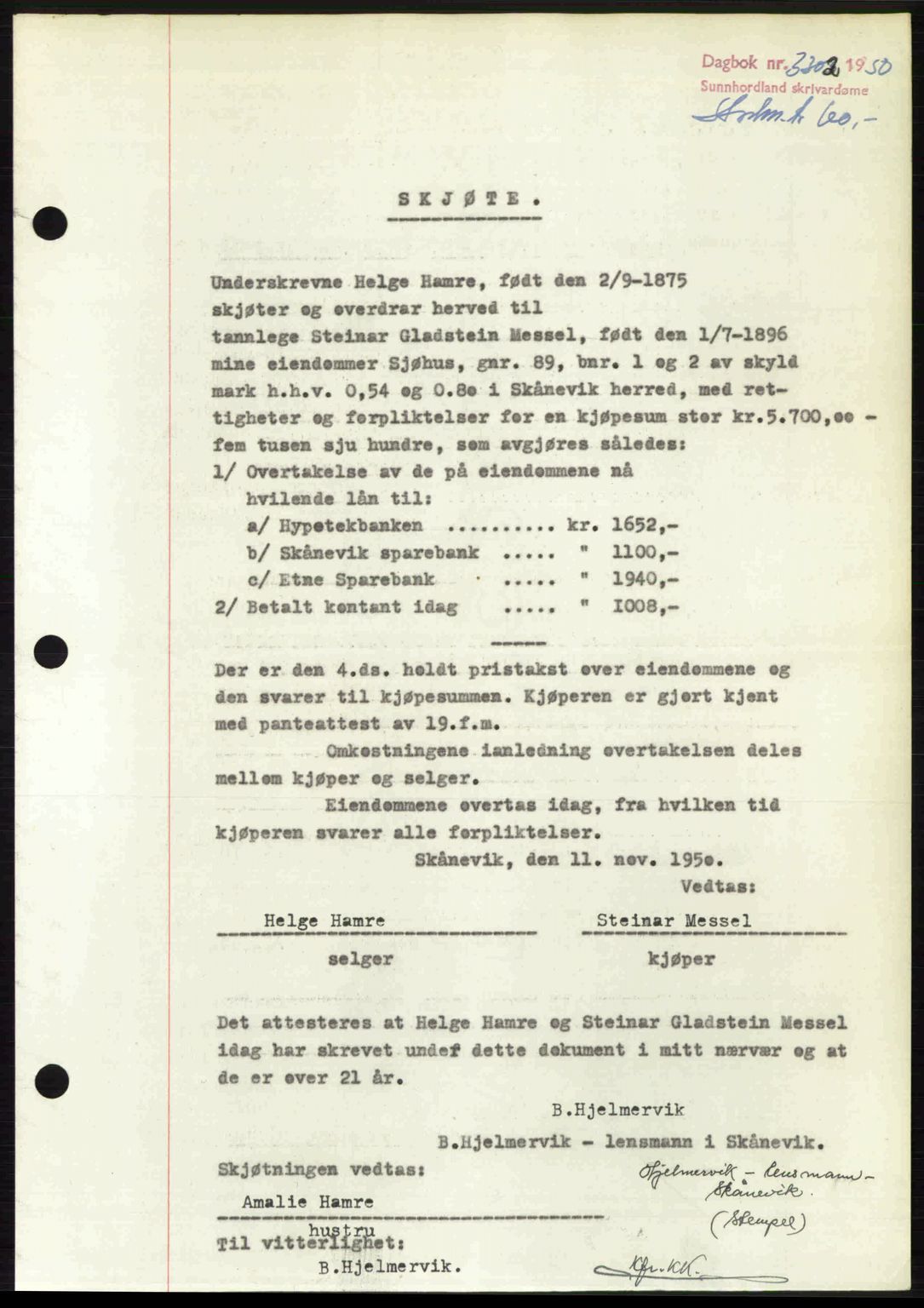 Sunnhordland sorenskrivar, AV/SAB-A-2401: Mortgage book no. A95, 1950-1950, Diary no: : 3302/1950