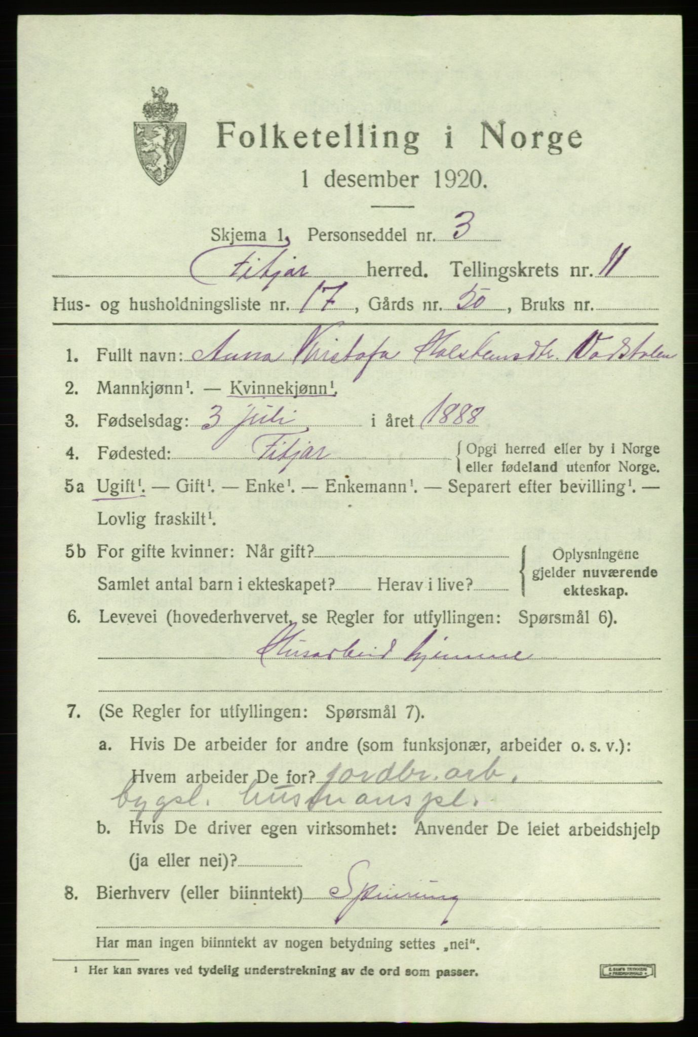 SAB, 1920 census for Fitjar, 1920, p. 4500