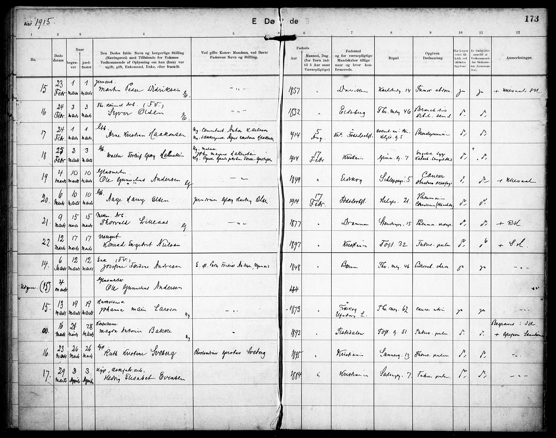 Paulus prestekontor Kirkebøker, AV/SAO-A-10871/F/Fa/L0018: Parish register (official) no. 18, 1906-1915, p. 173