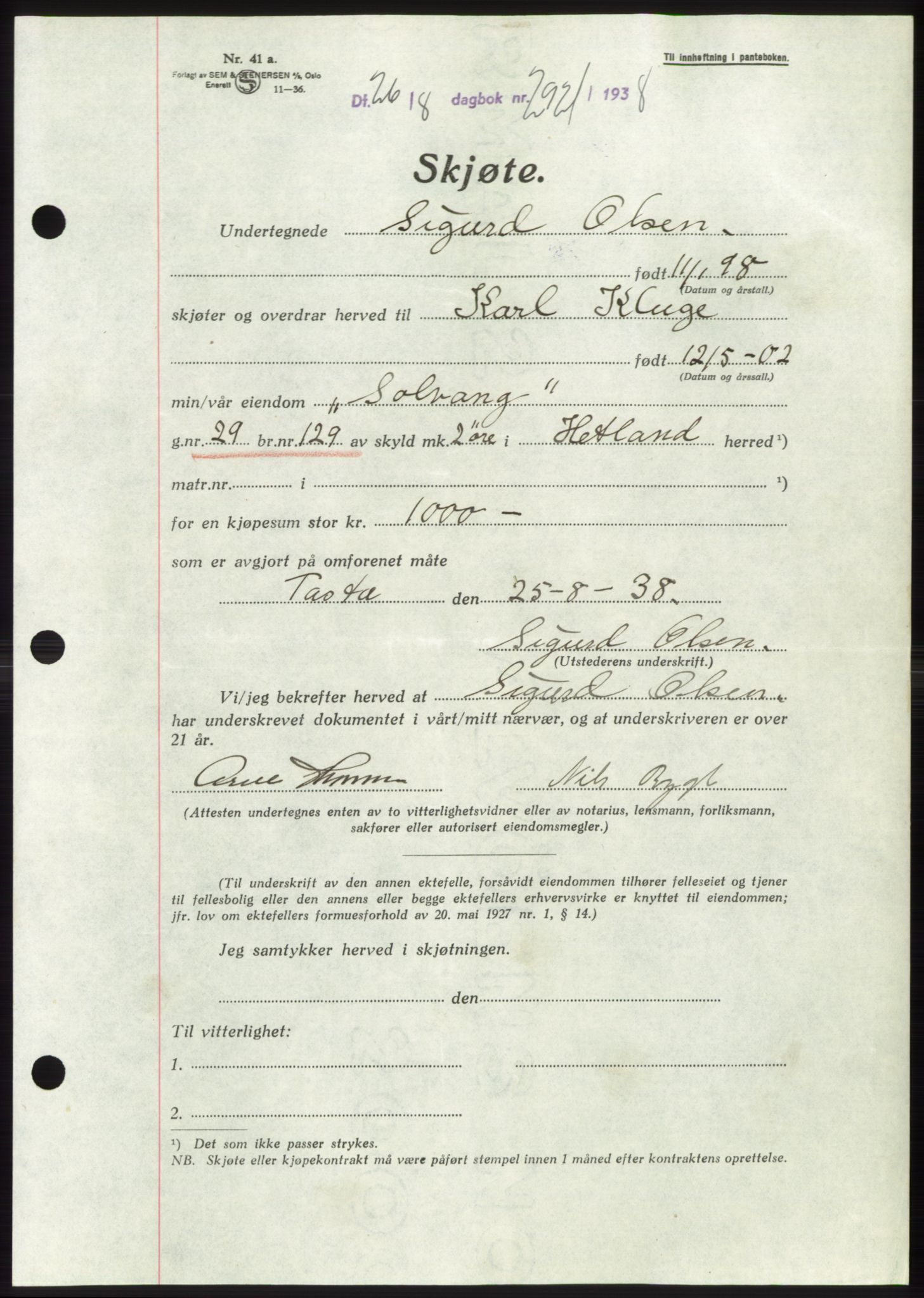 Jæren sorenskriveri, AV/SAST-A-100310/03/G/Gba/L0071: Mortgage book, 1938-1938, Diary no: : 2921/1938