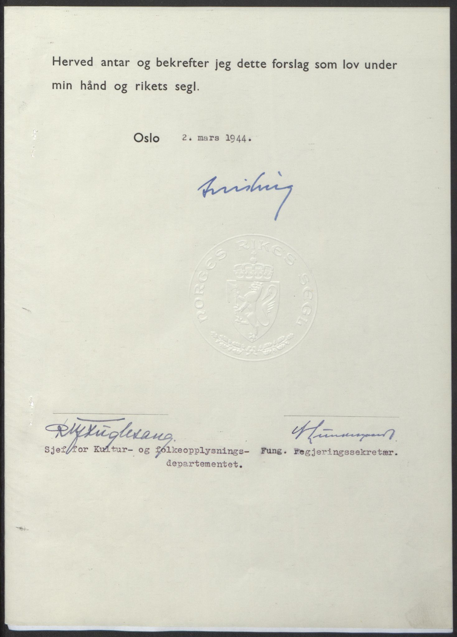 NS-administrasjonen 1940-1945 (Statsrådsekretariatet, de kommisariske statsråder mm), AV/RA-S-4279/D/Db/L0100: Lover, 1944, p. 93