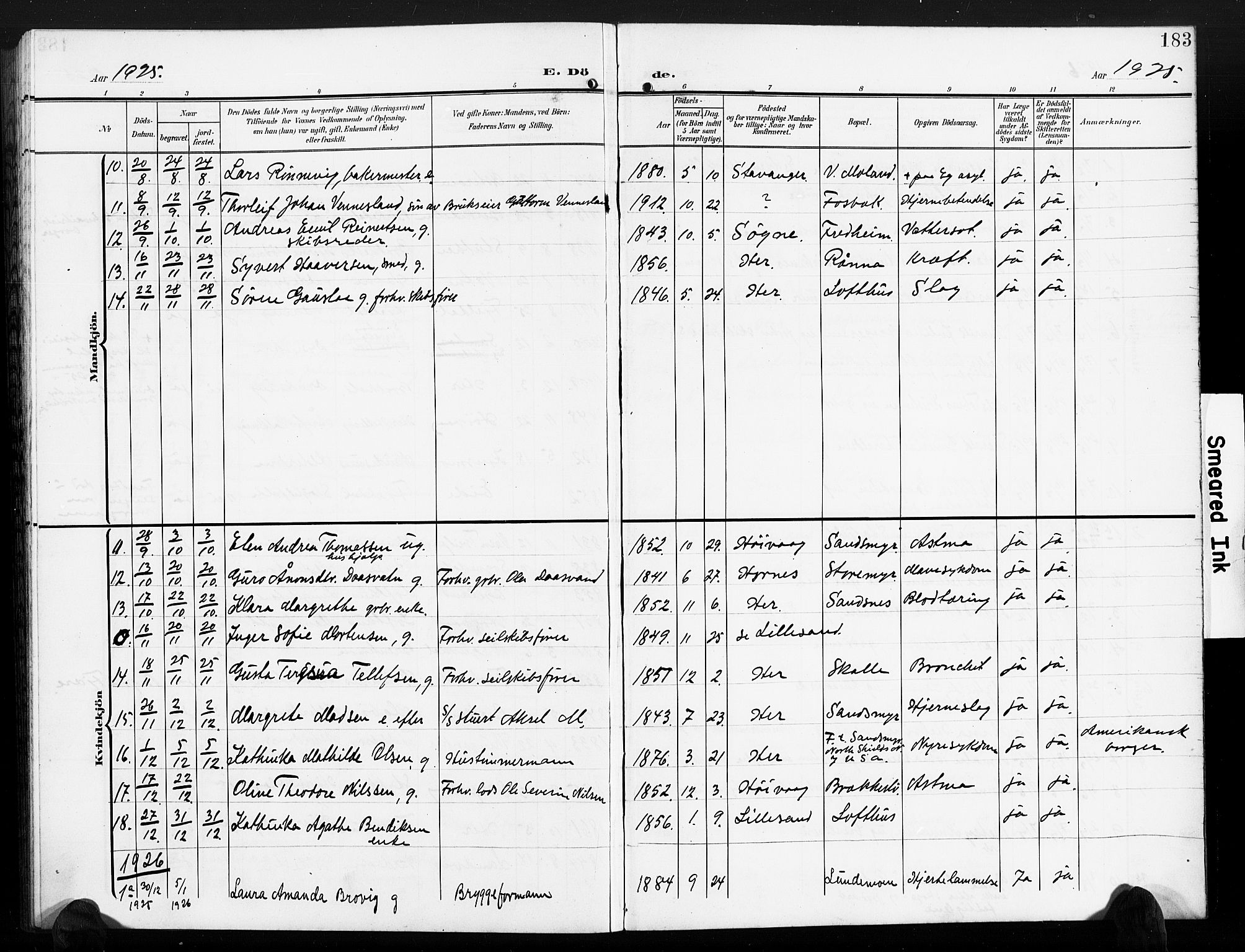 Vestre Moland sokneprestkontor, AV/SAK-1111-0046/F/Fb/Fbb/L0007: Parish register (copy) no. B 7, 1906-1929, p. 183