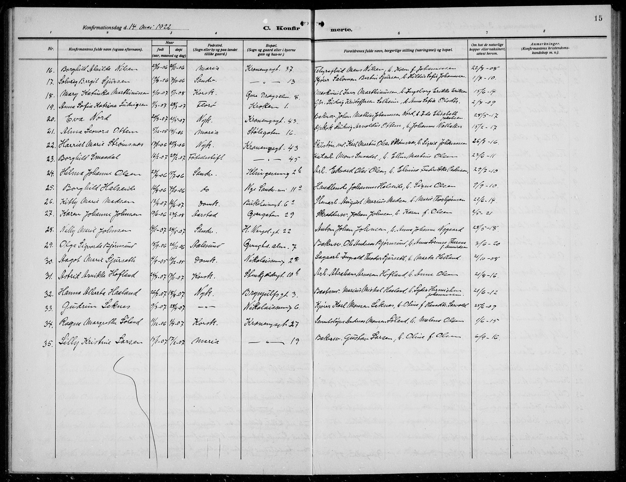 Mariakirken Sokneprestembete, AV/SAB-A-76901/H/Hab/L0010: Parish register (copy) no. A 10, 1920-1937, p. 15