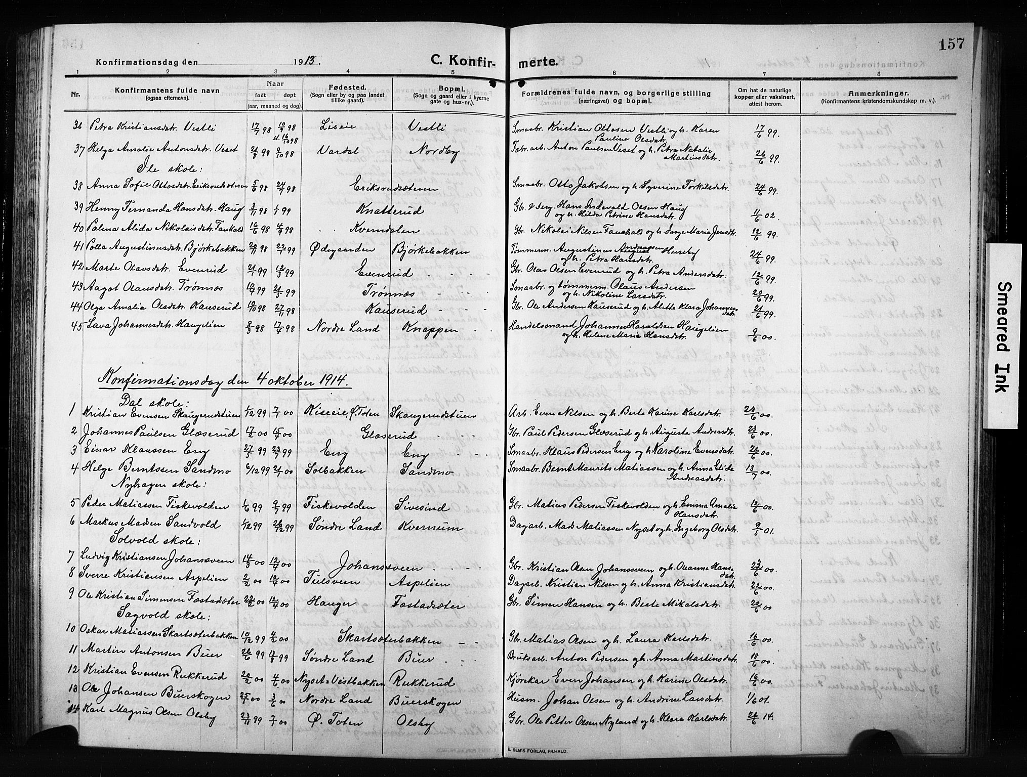 Vestre Toten prestekontor, AV/SAH-PREST-108/H/Ha/Hab/L0012: Parish register (copy) no. 12, 1909-1928, p. 157