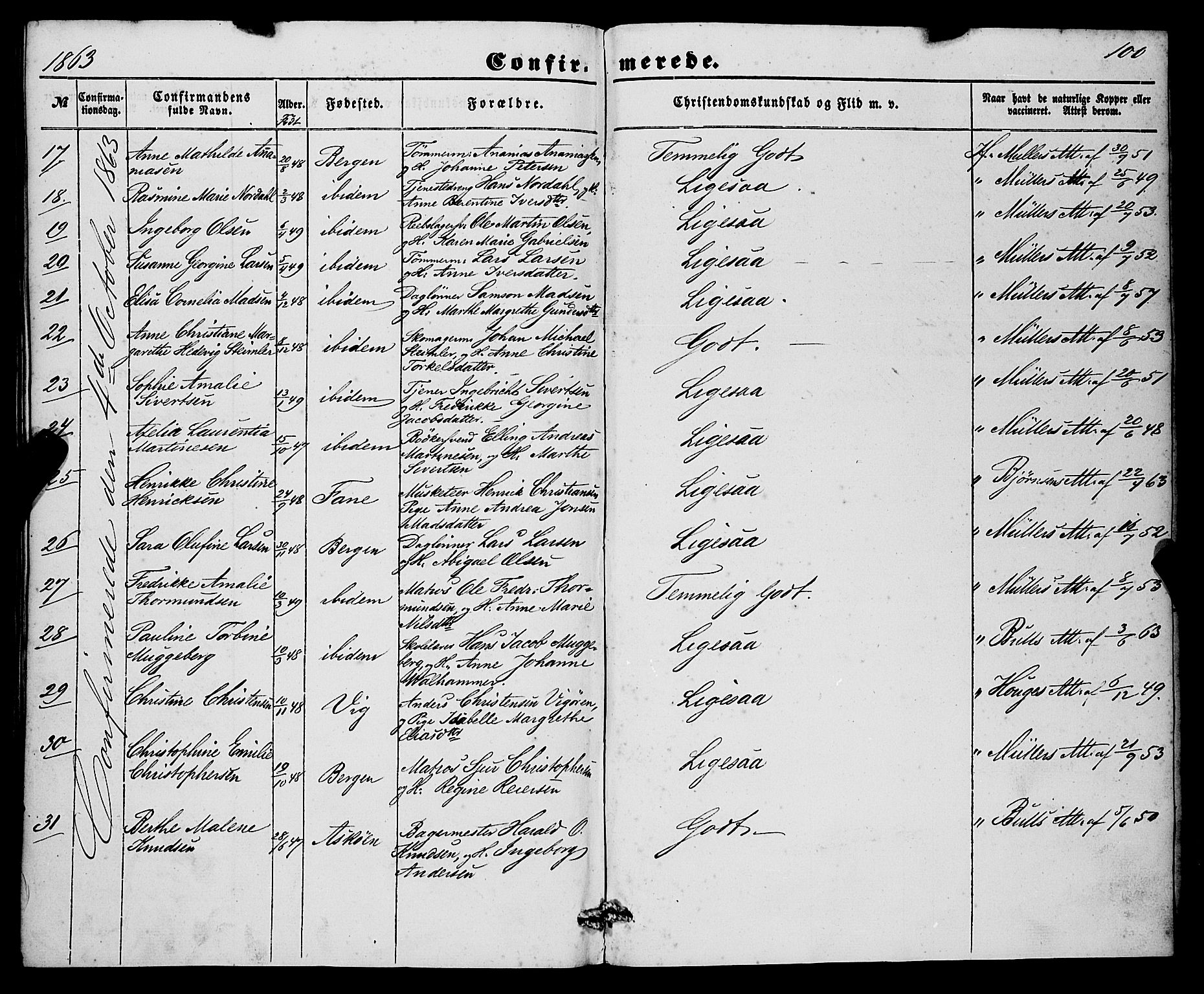 Nykirken Sokneprestembete, SAB/A-77101/H/Haa/L0023: Parish register (official) no. C 2, 1851-1863, p. 100