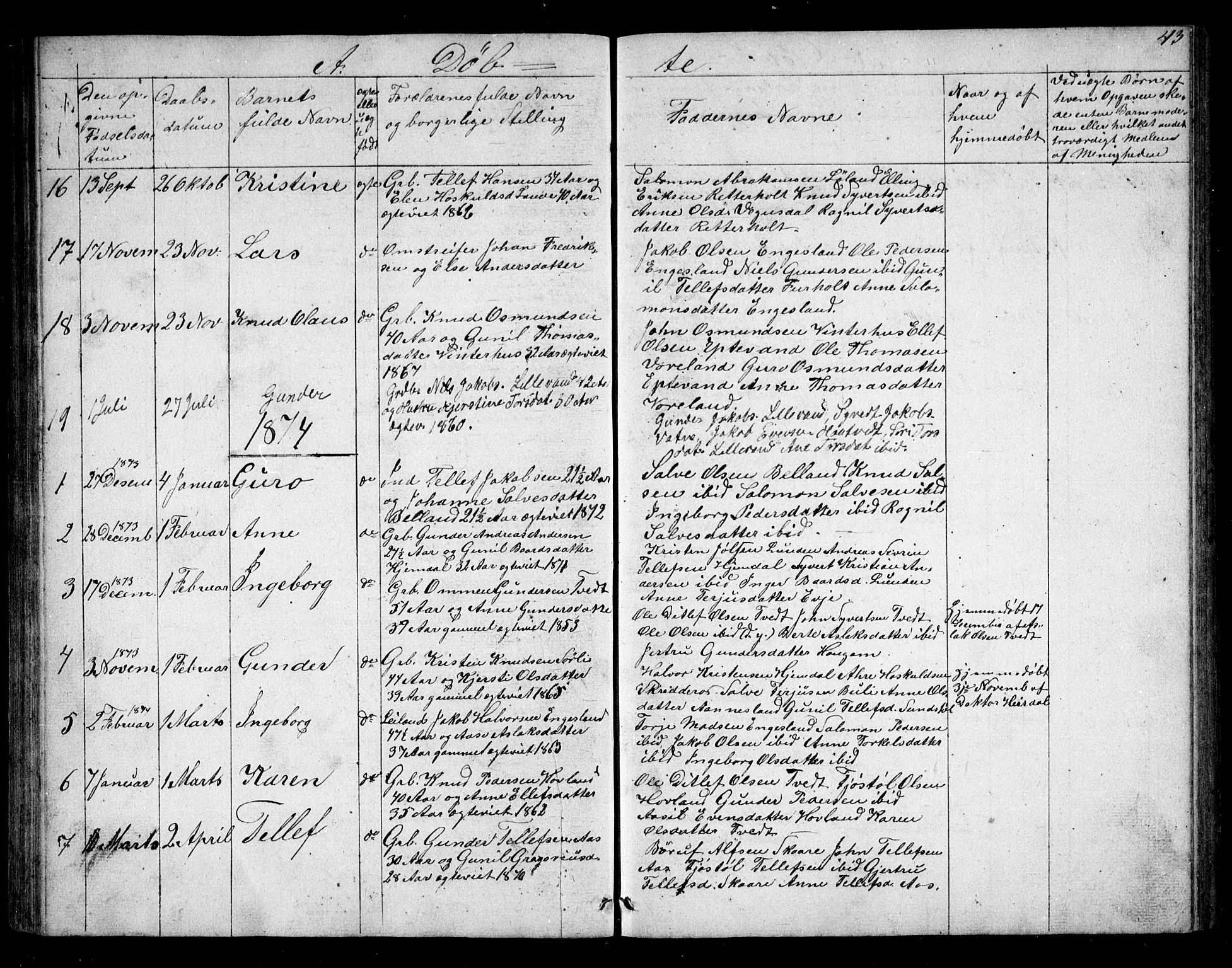 Herefoss sokneprestkontor, SAK/1111-0019/F/Fb/Fbb/L0001: Parish register (copy) no. B 1, 1849-1879, p. 43