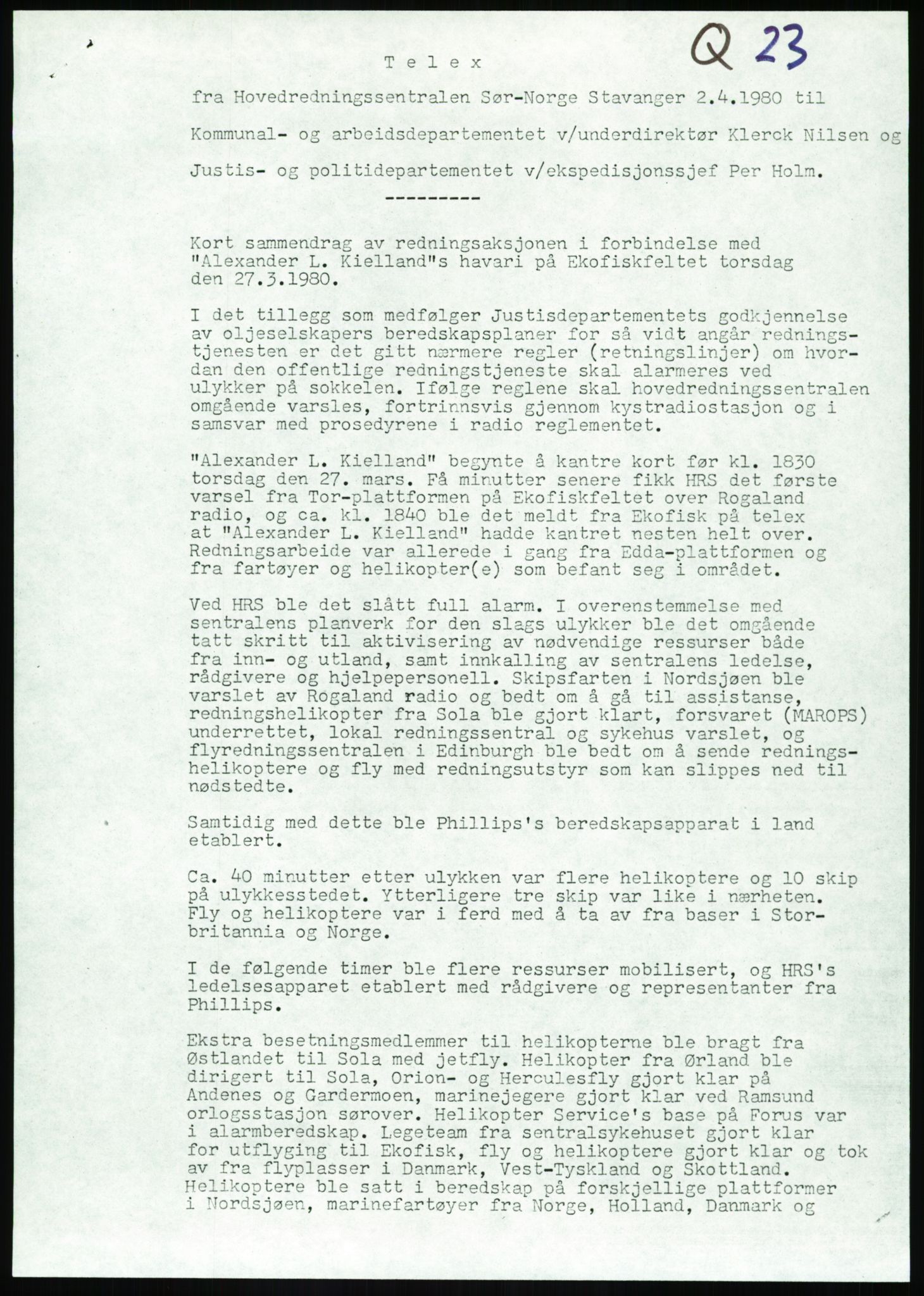 Justisdepartementet, Granskningskommisjonen ved Alexander Kielland-ulykken 27.3.1980, RA/S-1165/D/L0017: P Hjelpefartøy (Doku.liste + P1-P6 av 6)/Q Hovedredningssentralen (Q0-Q27 av 27), 1980-1981, p. 584