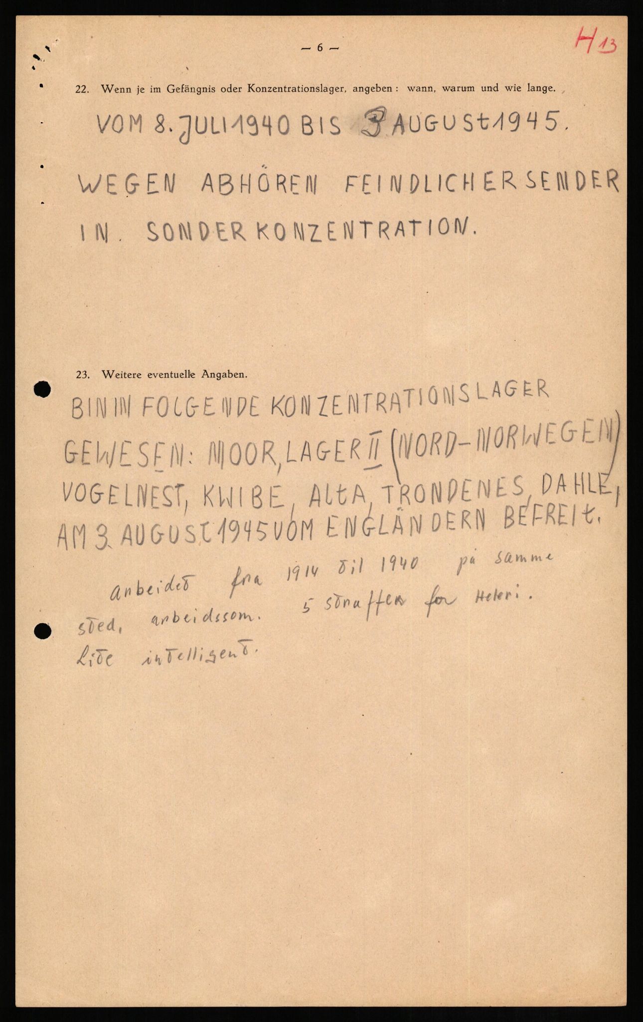 Forsvaret, Forsvarets overkommando II, AV/RA-RAFA-3915/D/Db/L0013: CI Questionaires. Tyske okkupasjonsstyrker i Norge. Tyskere., 1945-1946, p. 84