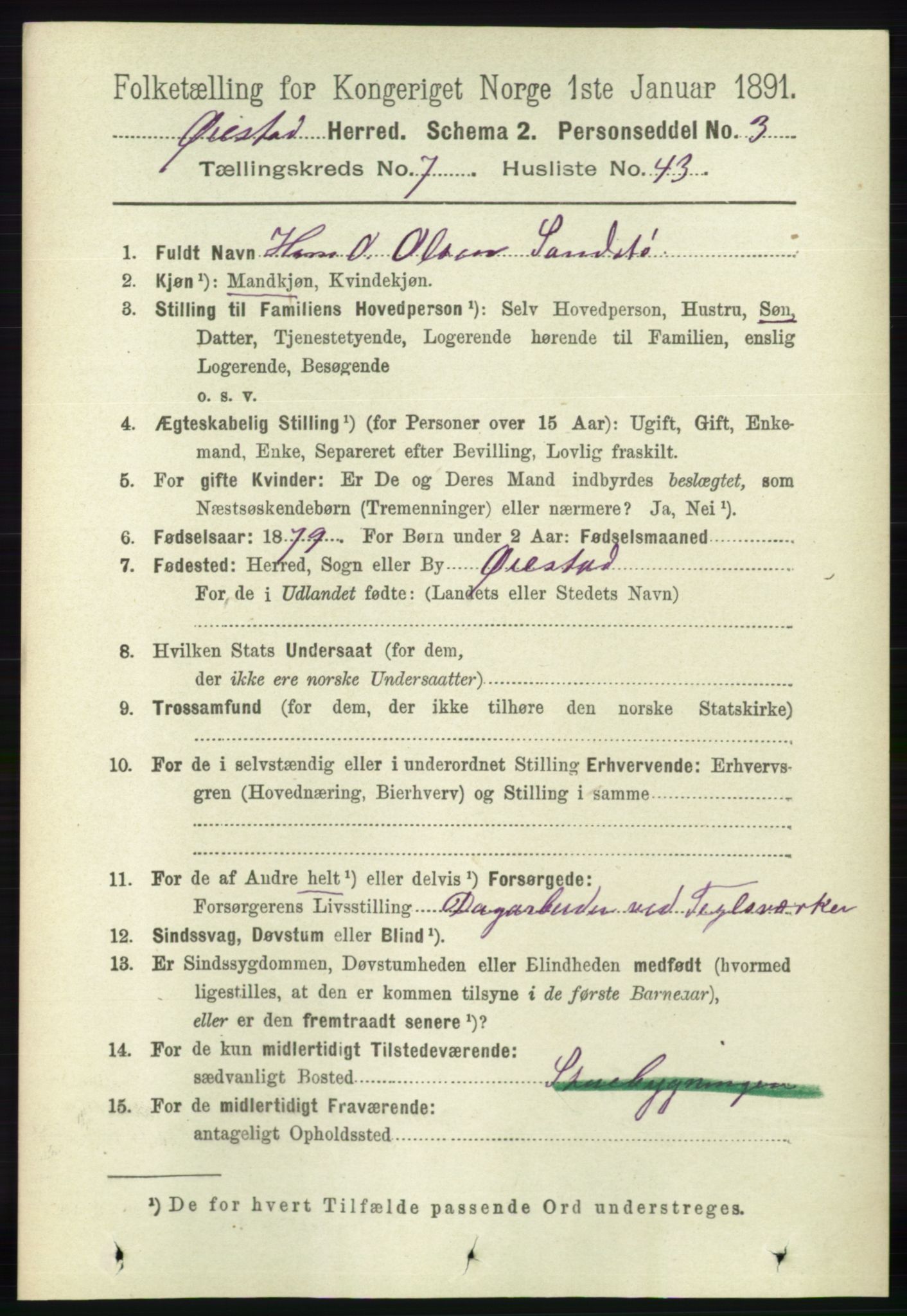 RA, 1891 census for 0920 Øyestad, 1891, p. 2900