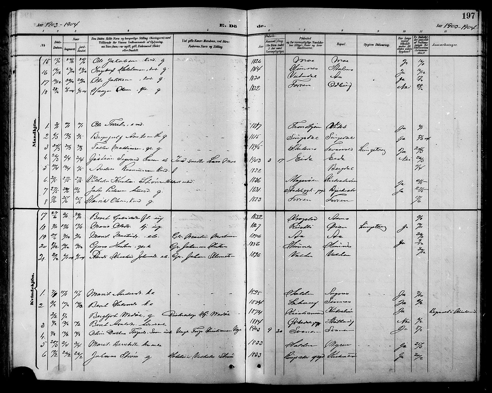 Ministerialprotokoller, klokkerbøker og fødselsregistre - Sør-Trøndelag, AV/SAT-A-1456/630/L0505: Parish register (copy) no. 630C03, 1899-1914, p. 197