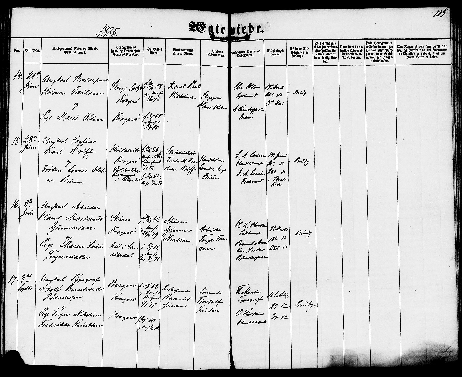 Kragerø kirkebøker, AV/SAKO-A-278/F/Fa/L0009: Parish register (official) no. 9, 1861-1886, p. 125