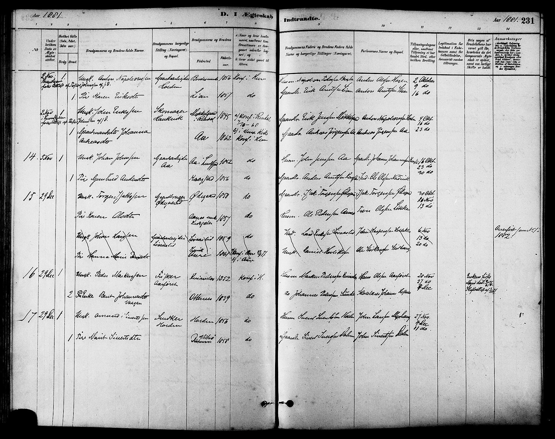 Ministerialprotokoller, klokkerbøker og fødselsregistre - Sør-Trøndelag, AV/SAT-A-1456/630/L0496: Parish register (official) no. 630A09, 1879-1895, p. 231