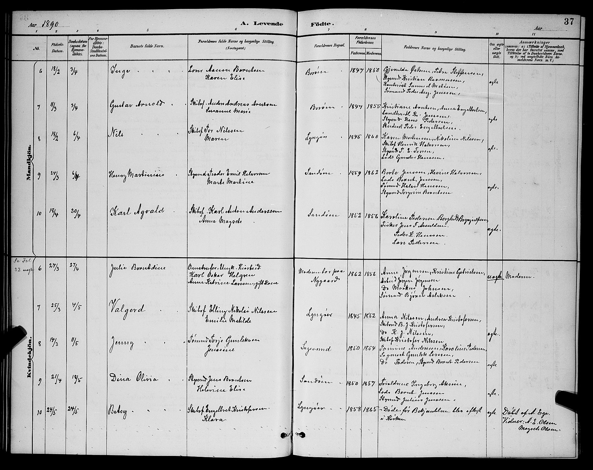 Dypvåg sokneprestkontor, AV/SAK-1111-0007/F/Fb/Fba/L0013: Parish register (copy) no. B 13, 1887-1900, p. 37