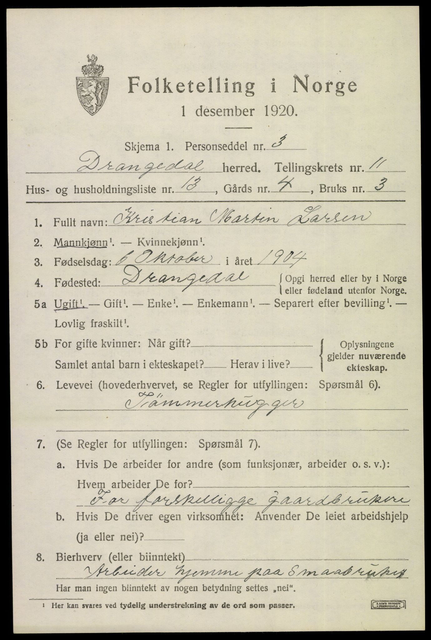 SAKO, 1920 census for Drangedal, 1920, p. 6771