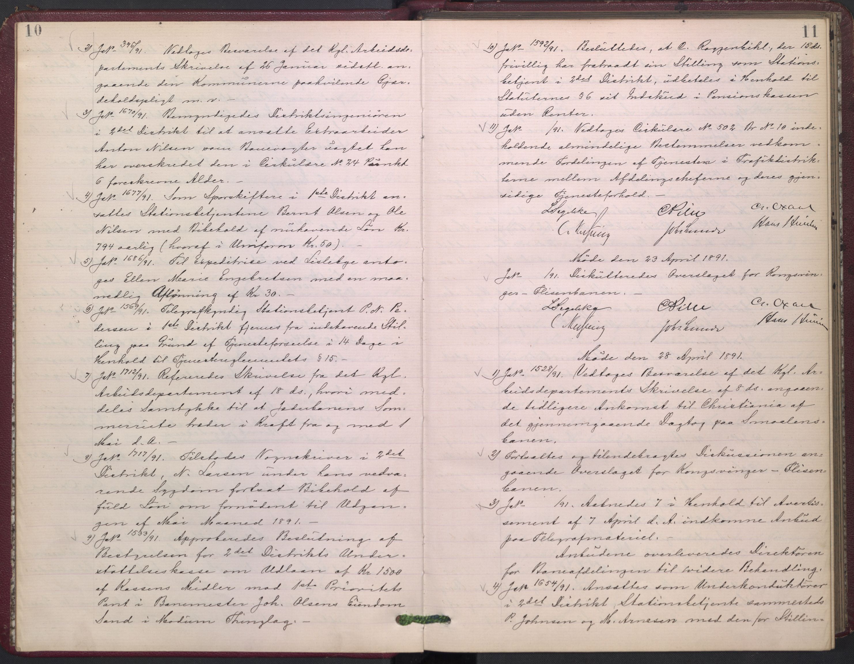 Norges statsbaner, Administrasjons- økonomi- og personalavdelingen, RA/S-3412/A/Aa/L0002: Forhandlingsprotokoll, 1891-1893, p. 10-11