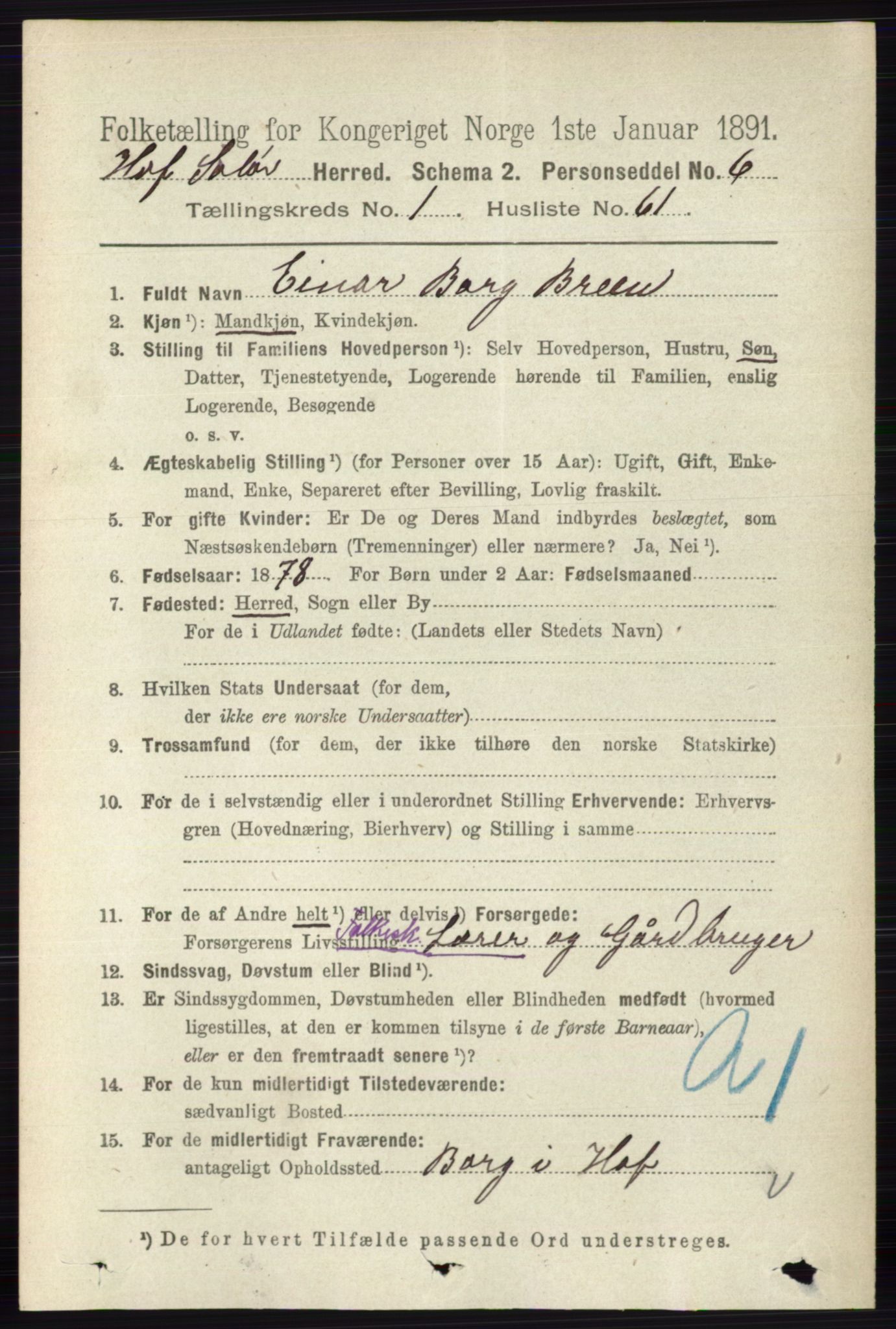 RA, 1891 census for 0424 Hof, 1891, p. 403