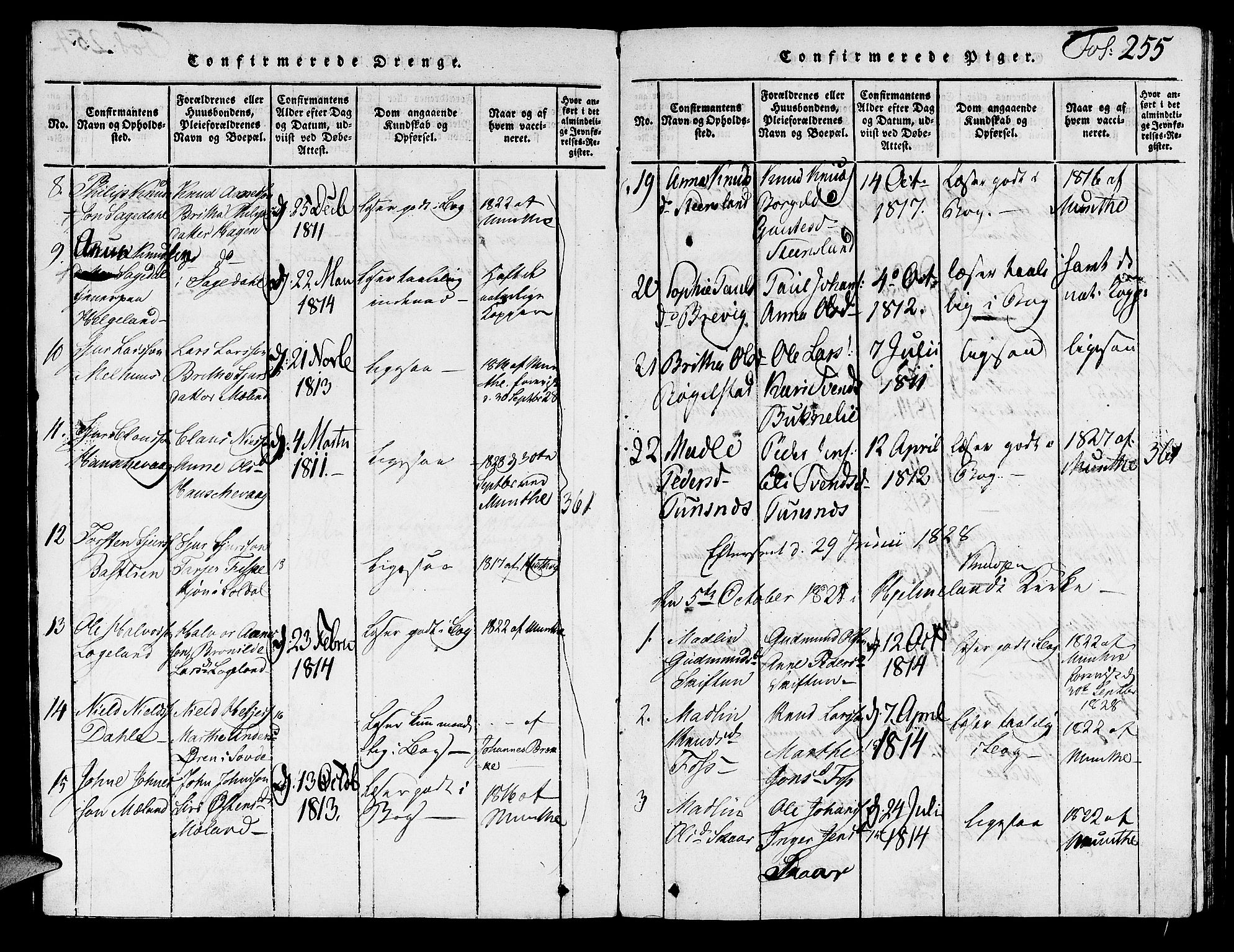 Hjelmeland sokneprestkontor, AV/SAST-A-101843/01/V/L0001: Parish register (copy) no. B 1, 1816-1841, p. 255