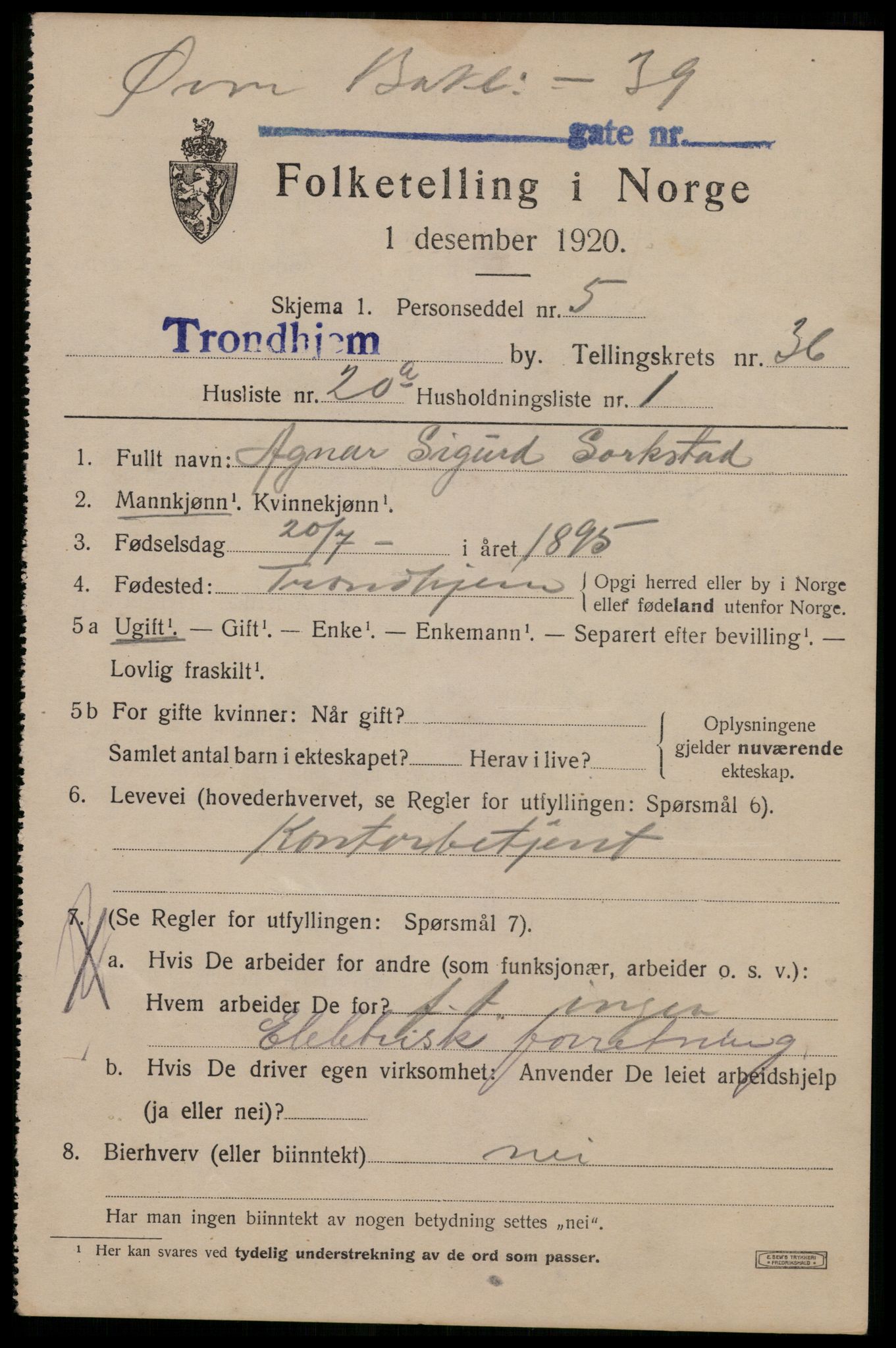 SAT, 1920 census for Trondheim, 1920, p. 83362