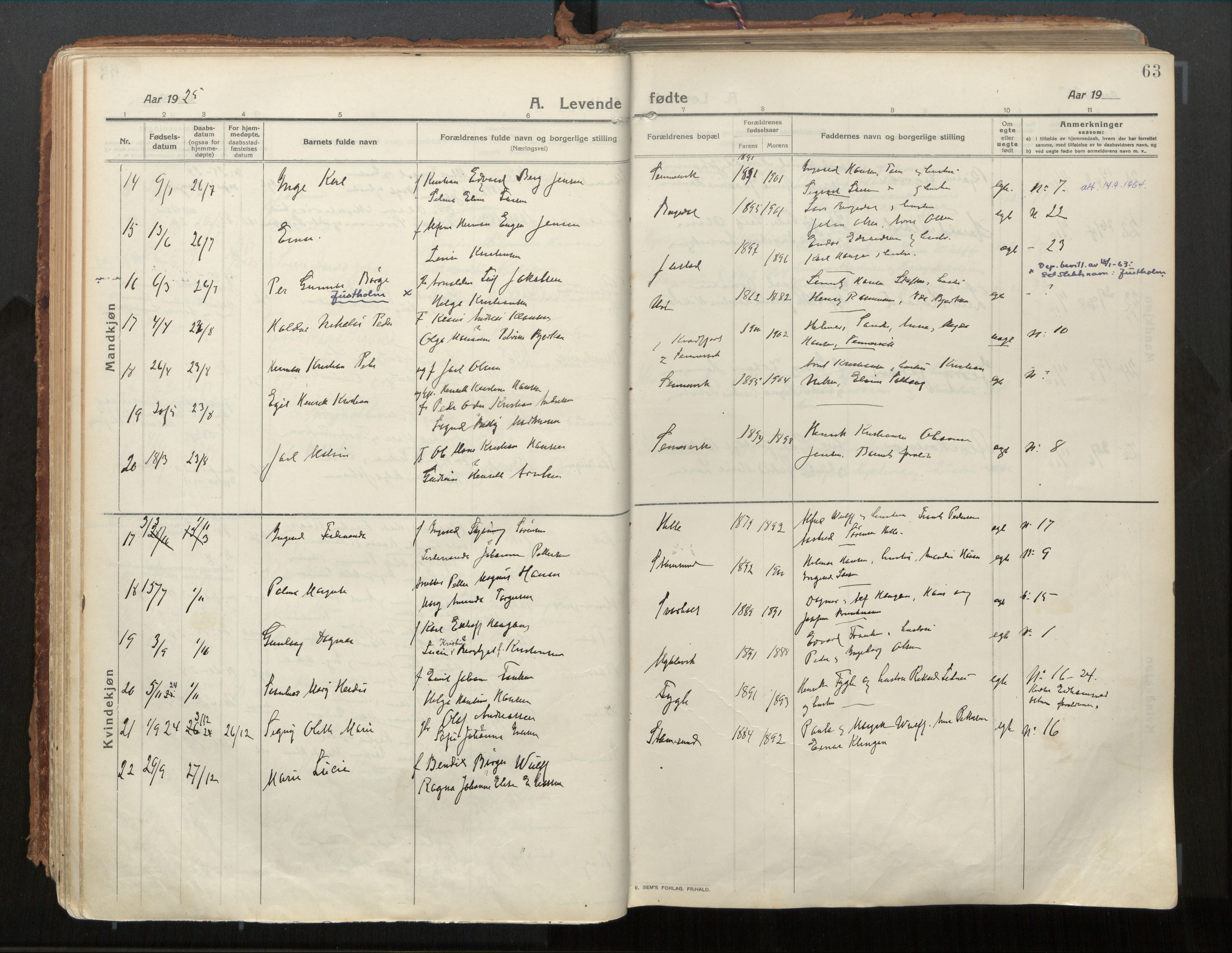 Ministerialprotokoller, klokkerbøker og fødselsregistre - Nordland, AV/SAT-A-1459/882/L1181: Parish register (official) no. 882A03, 1913-1937, p. 63