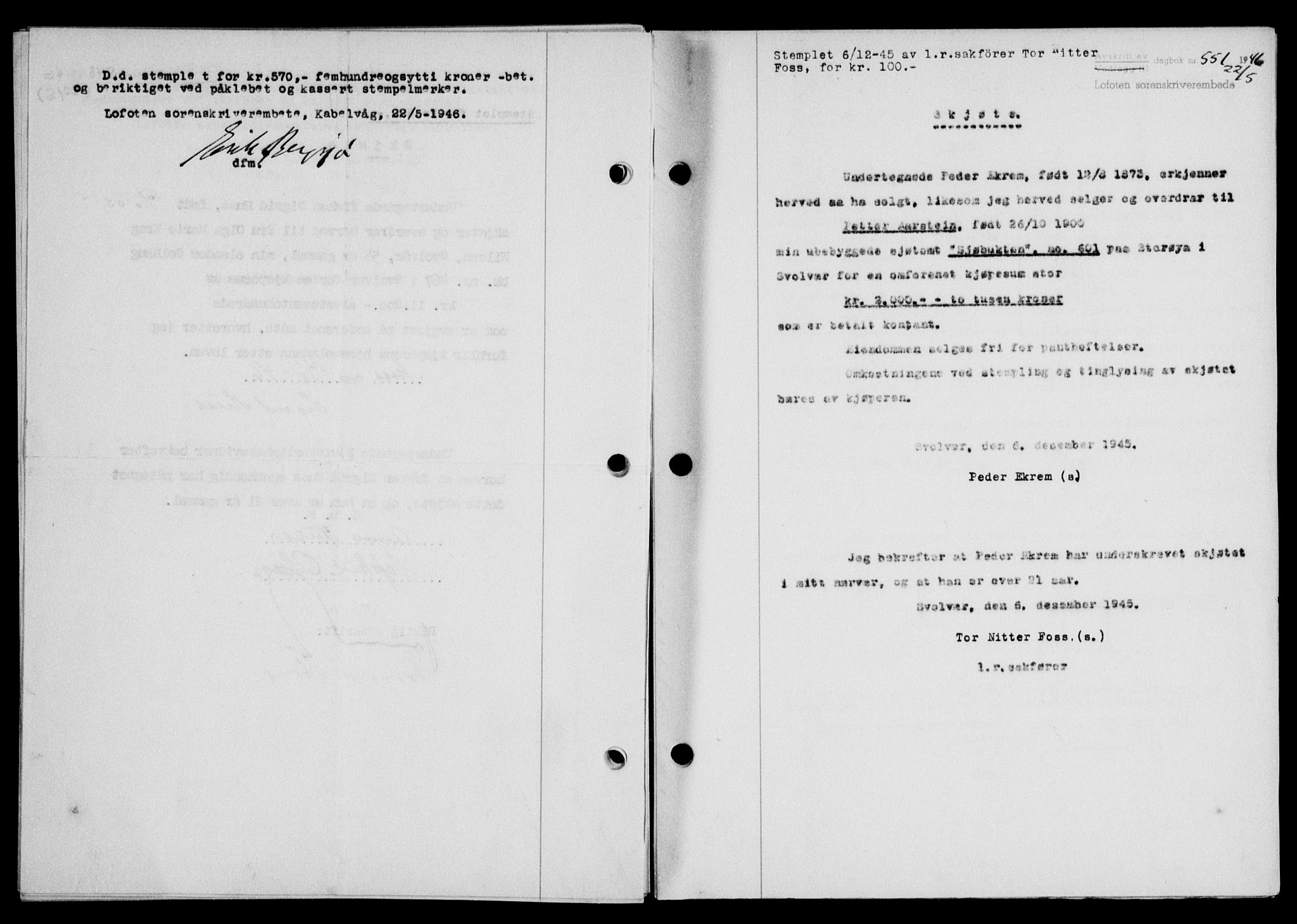 Lofoten sorenskriveri, SAT/A-0017/1/2/2C/L0014a: Mortgage book no. 14a, 1946-1946, Diary no: : 551/1946