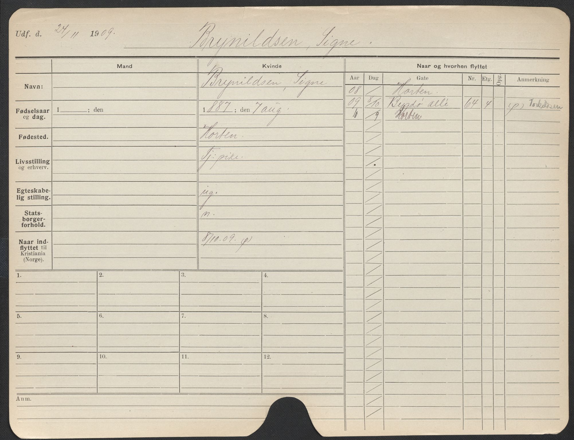 Oslo folkeregister, Registerkort, AV/SAO-A-11715/F/Fa/Fac/L0013: Kvinner, 1906-1914, p. 928a